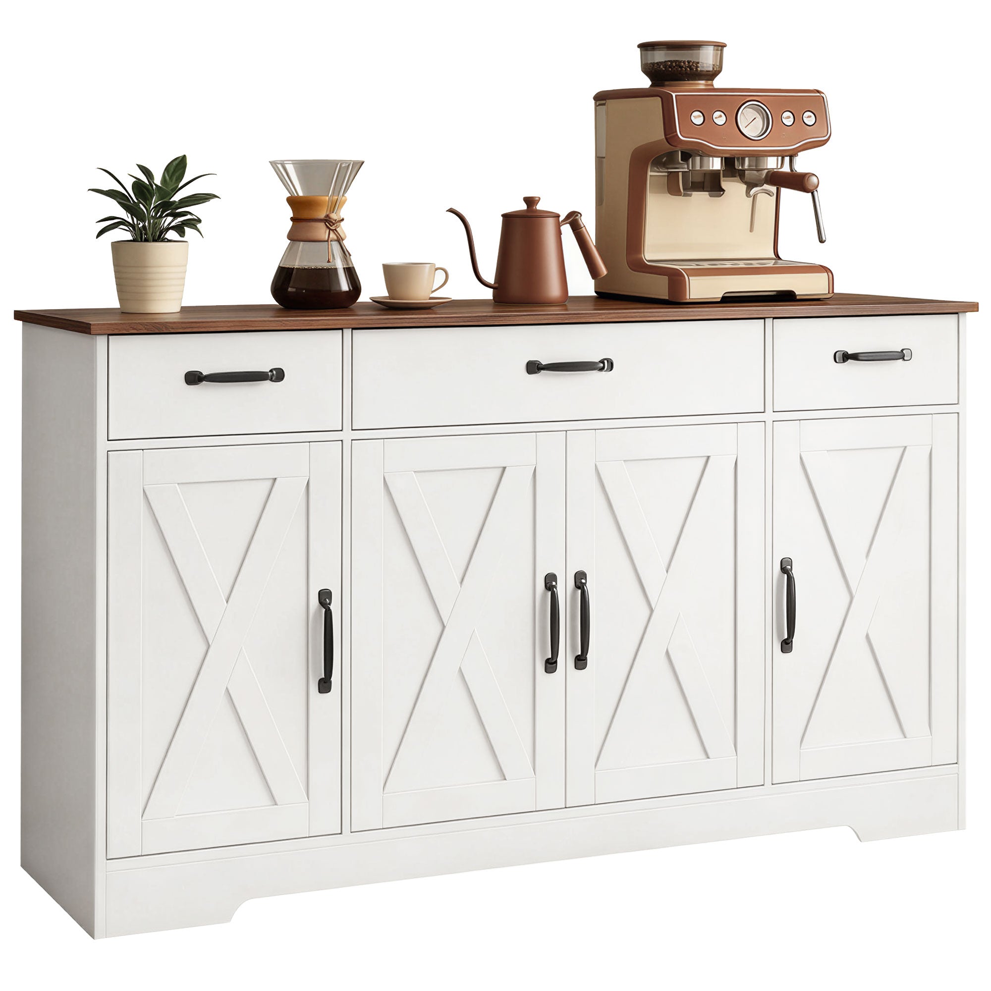 Buffet Cuisine, Meuble de Rangement avec 4 Portes de Grange, 3 Tiroirs et Étagères Réglables, Meuble TV pour Téléviseurs Jusqu'à 60 Pouces, pour Salon et Chambre, 140 x 40 x 81 cm, Blanc