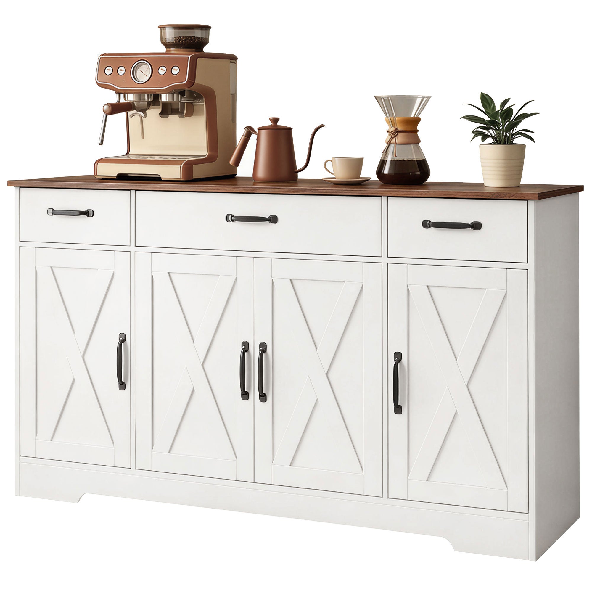 Buffet Cuisine, Meuble de Rangement avec 4 Portes de Grange, 3 Tiroirs et Étagères Réglables, Meuble TV pour Téléviseurs Jusqu'à 60 Pouces, pour Salon et Chambre, 140 x 40 x 81 cm, Blanc