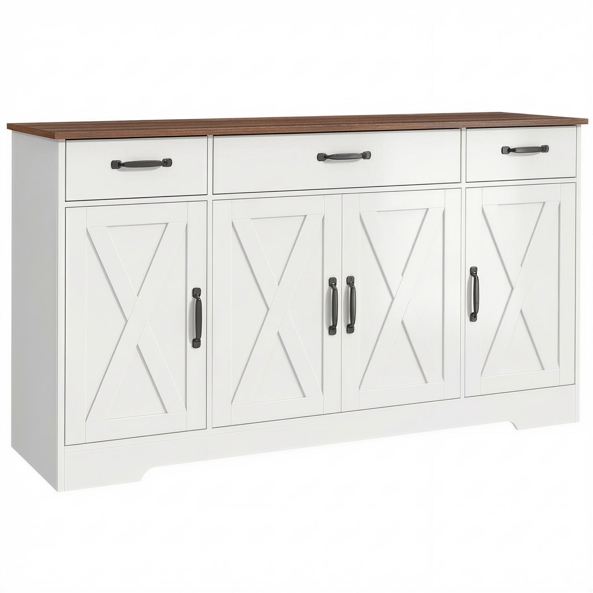 Buffet Cuisine, Meuble de Rangement avec 4 Portes de Grange, 3 Tiroirs et Étagères Réglables, Meuble TV pour Téléviseurs Jusqu'à 60 Pouces, pour Salon et Chambre, 140 x 40 x 81 cm, Blanc
