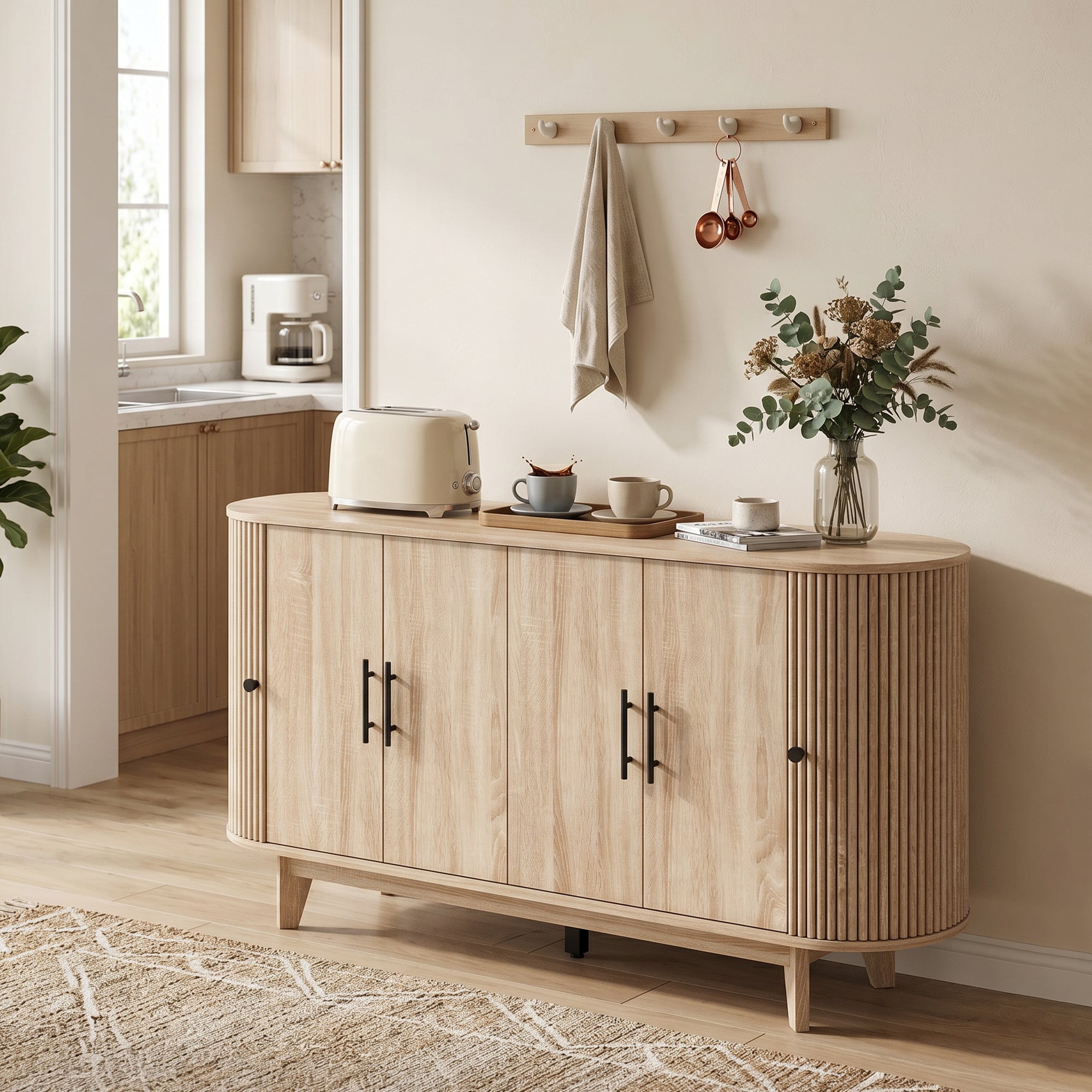 Buffet salon, meuble de rangement ovale avec 4 portes et 2 étagères réglables, meuble TV jusqu'à 65 pouces, style moderne, buffet salle à manger et cuisine, 147x40x76cm, chêne