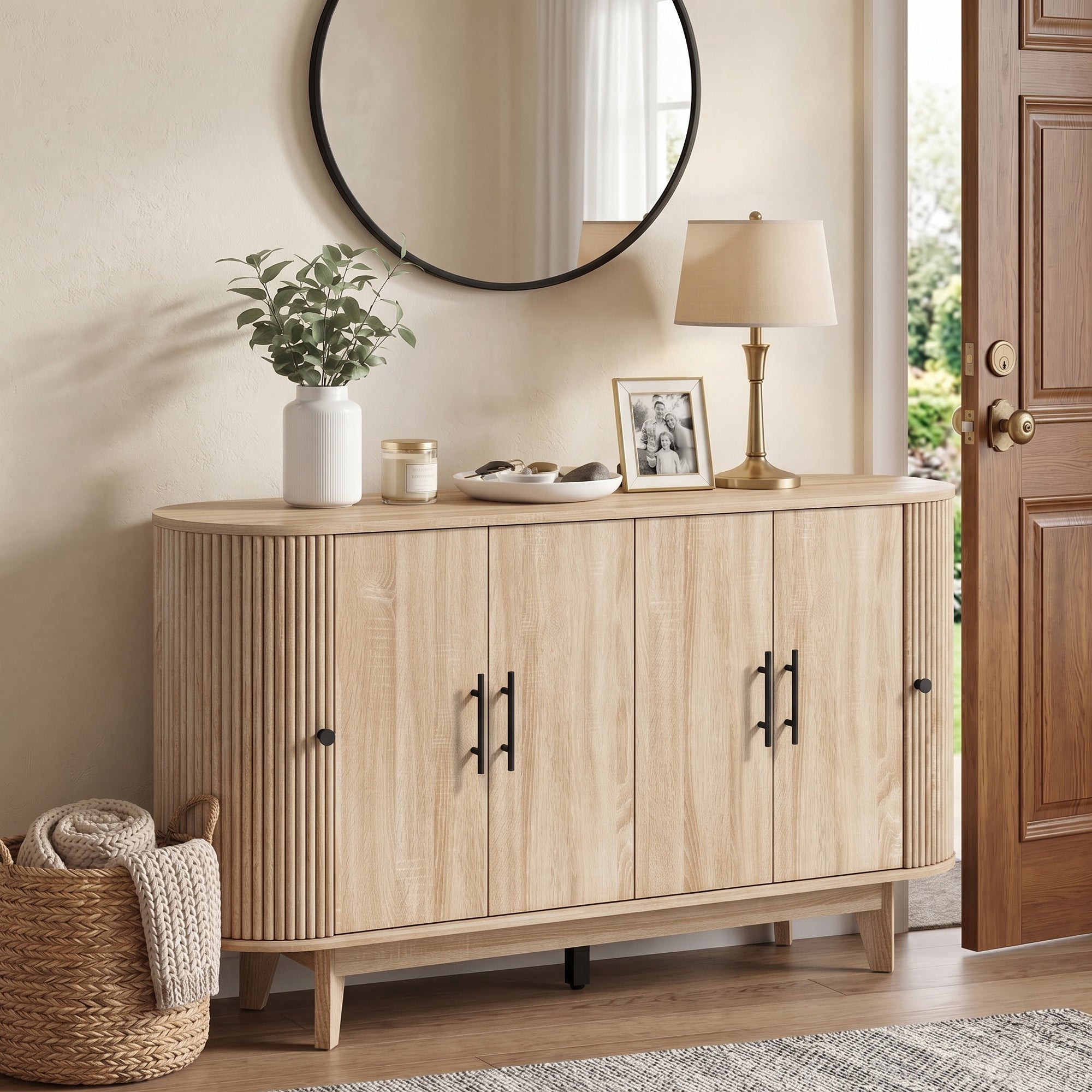 Buffet salon, meuble de rangement ovale avec 4 portes et 2 étagères réglables, meuble TV jusqu'à 65 pouces, style moderne, buffet salle à manger et cuisine, 147x40x76cm, chêne