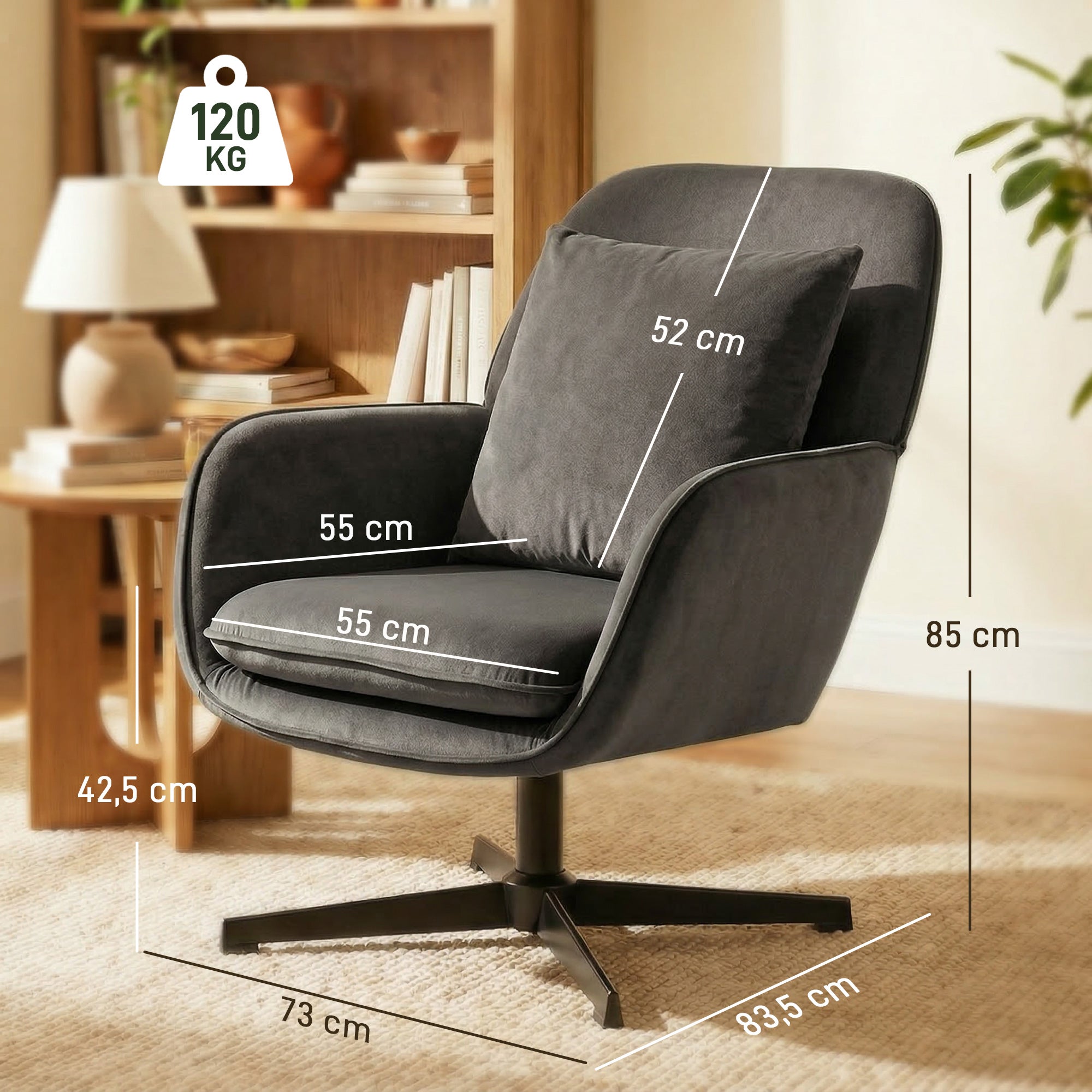 Fauteuil salon pivotant, fauteuil d'appoint rembourré en velours avec large assise, coussin et structure en métal, chaise de salon, chambre, coins lecture, gris foncé