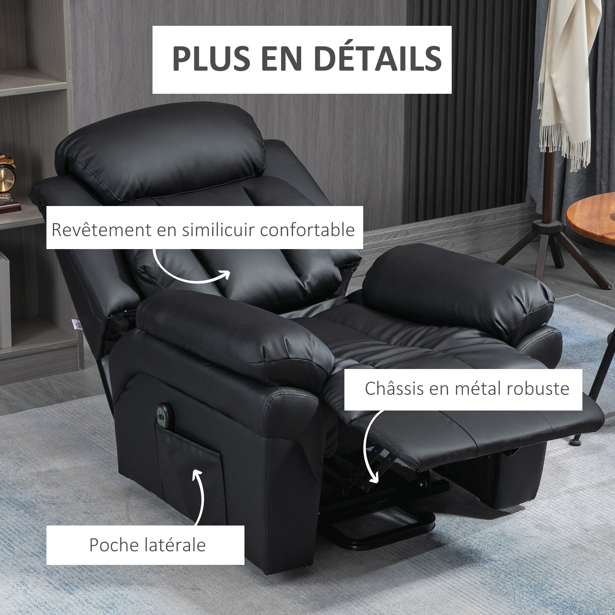 Fauteuil releveur électrique, fauteuil relax électrique avec repose-pied ajustable, dossier inclinable, télécommande, poche latérale, pour personnes âgées, noir