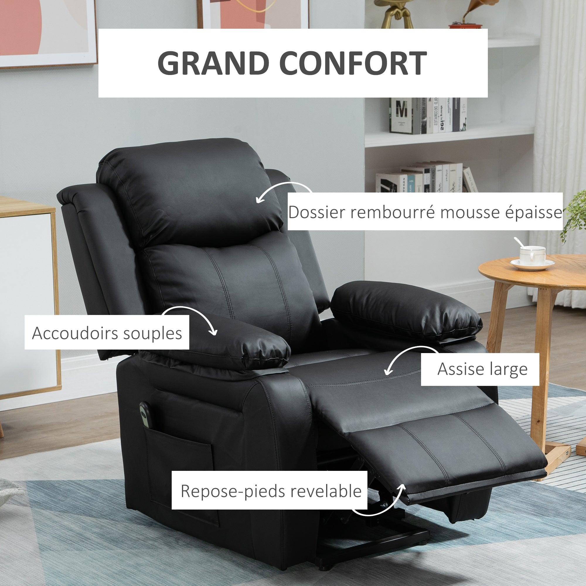 Fauteuil releveur électrique, fauteuil relax électrique avec repose-pied ajustable, dossier inclinable, télécommande, poche latérale, pour personnes âgées, noir