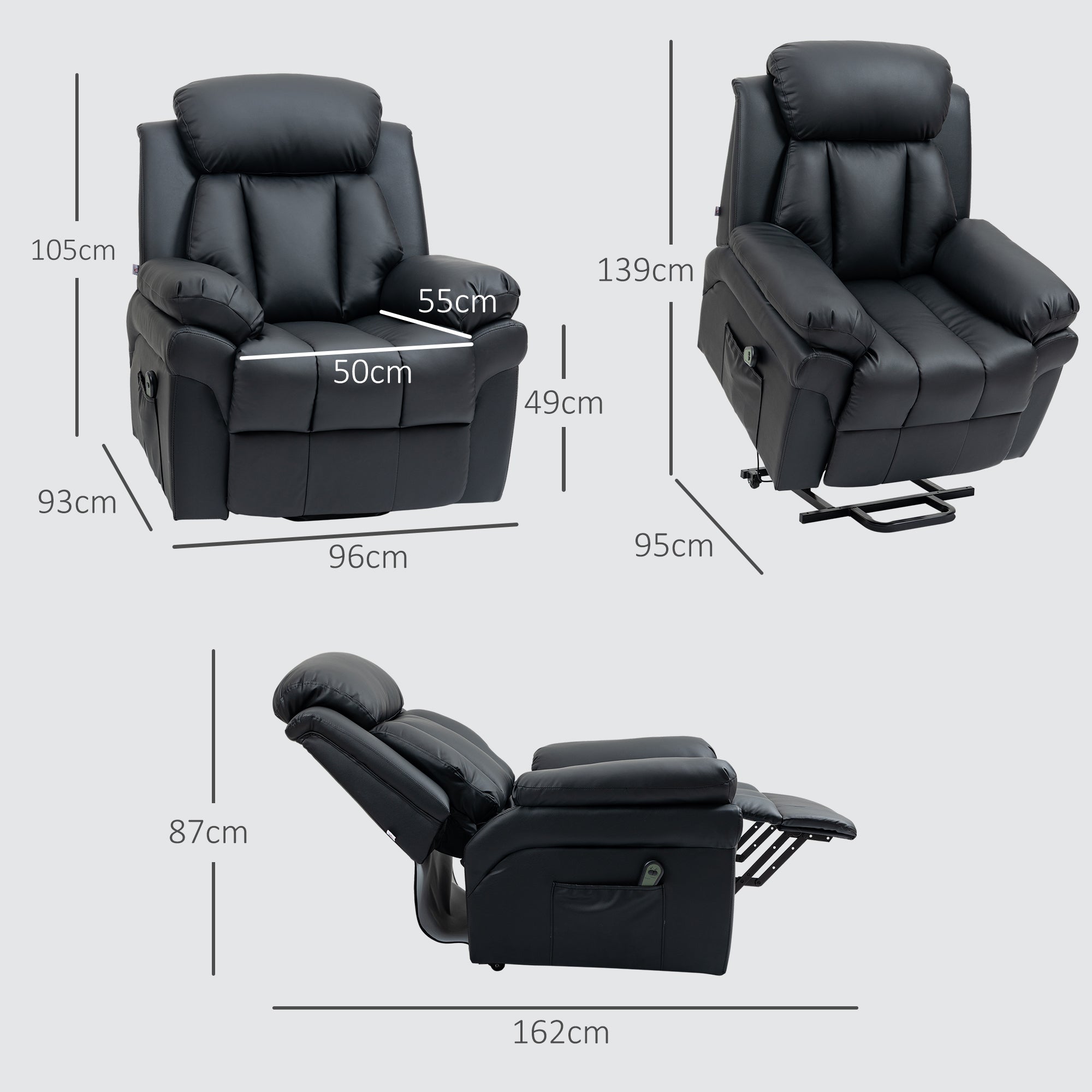 Fauteuil releveur électrique, fauteuil relax électrique avec repose-pied ajustable, dossier inclinable, télécommande, poche latérale, pour personnes âgées, noir