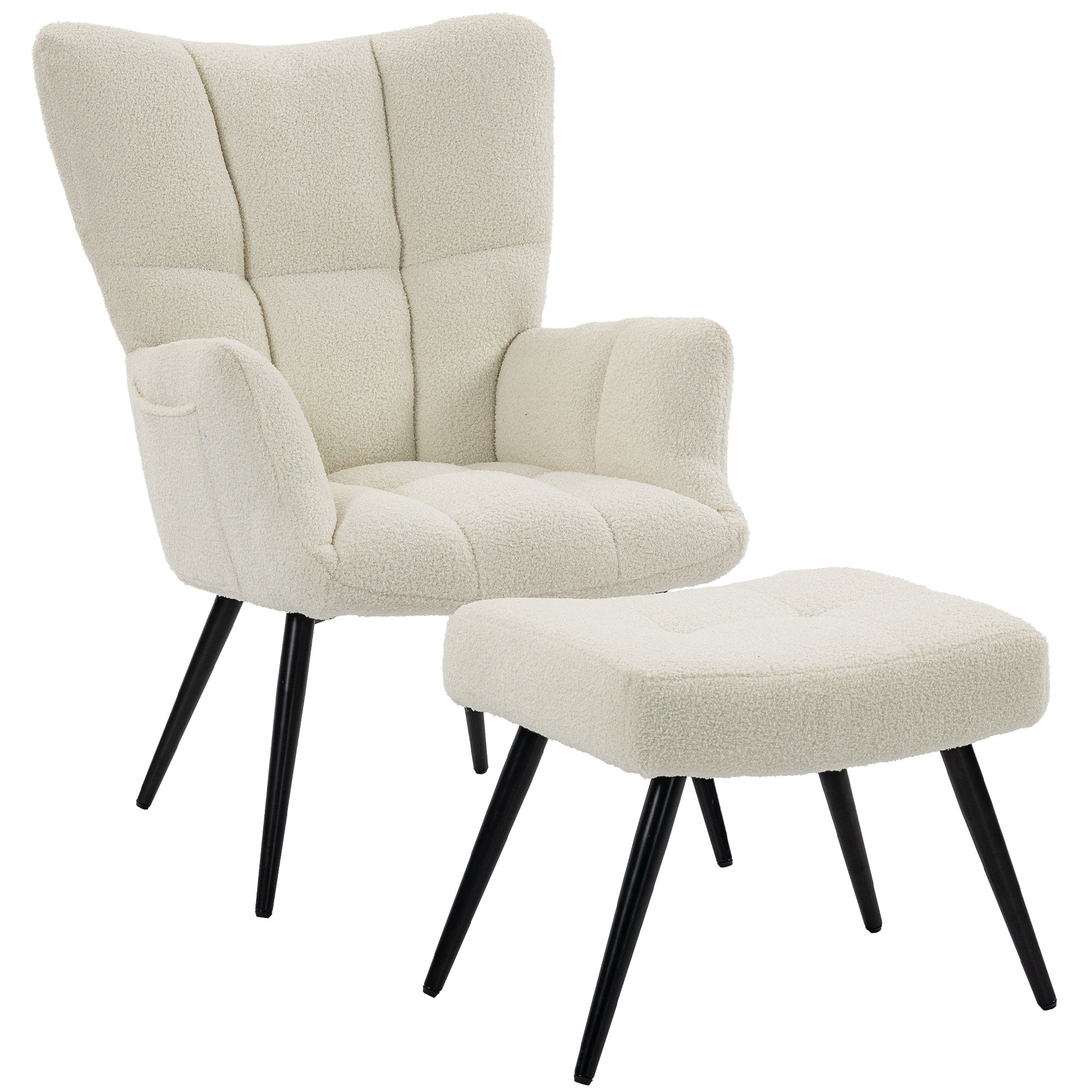 Fauteuil de Salon avec Repose-Pied, Fauteuil d'Appoint Capitonné en Peluche Teddy avec Dossier Haut, Poches Latérales, Pieds en Acier, Style Moderne, Chaise de Salon, Bureau, Chambre, Beige