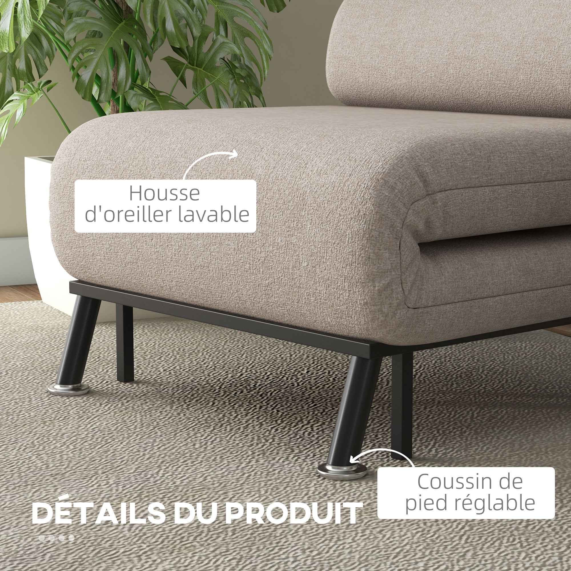 Fauteuil convertible 1 place chauffeuse 3 en 1 fauteuil lit avec dossier réglable en 5 positions, coussin inclus, canapé-lit 1 place pour invités, salon, charge 150 kg beige