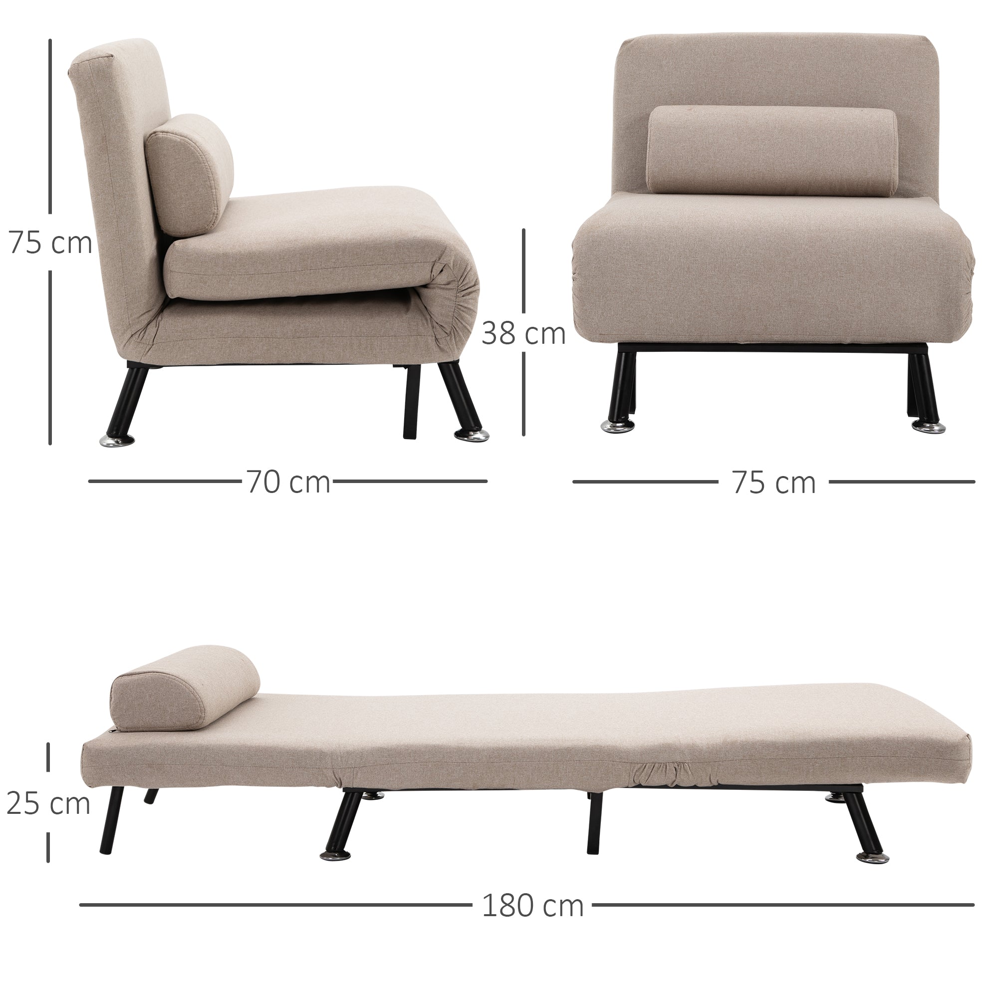 Fauteuil convertible 1 place chauffeuse 3 en 1 fauteuil lit avec dossier réglable en 5 positions, coussin inclus, canapé-lit 1 place pour invités, salon, charge 150 kg beige