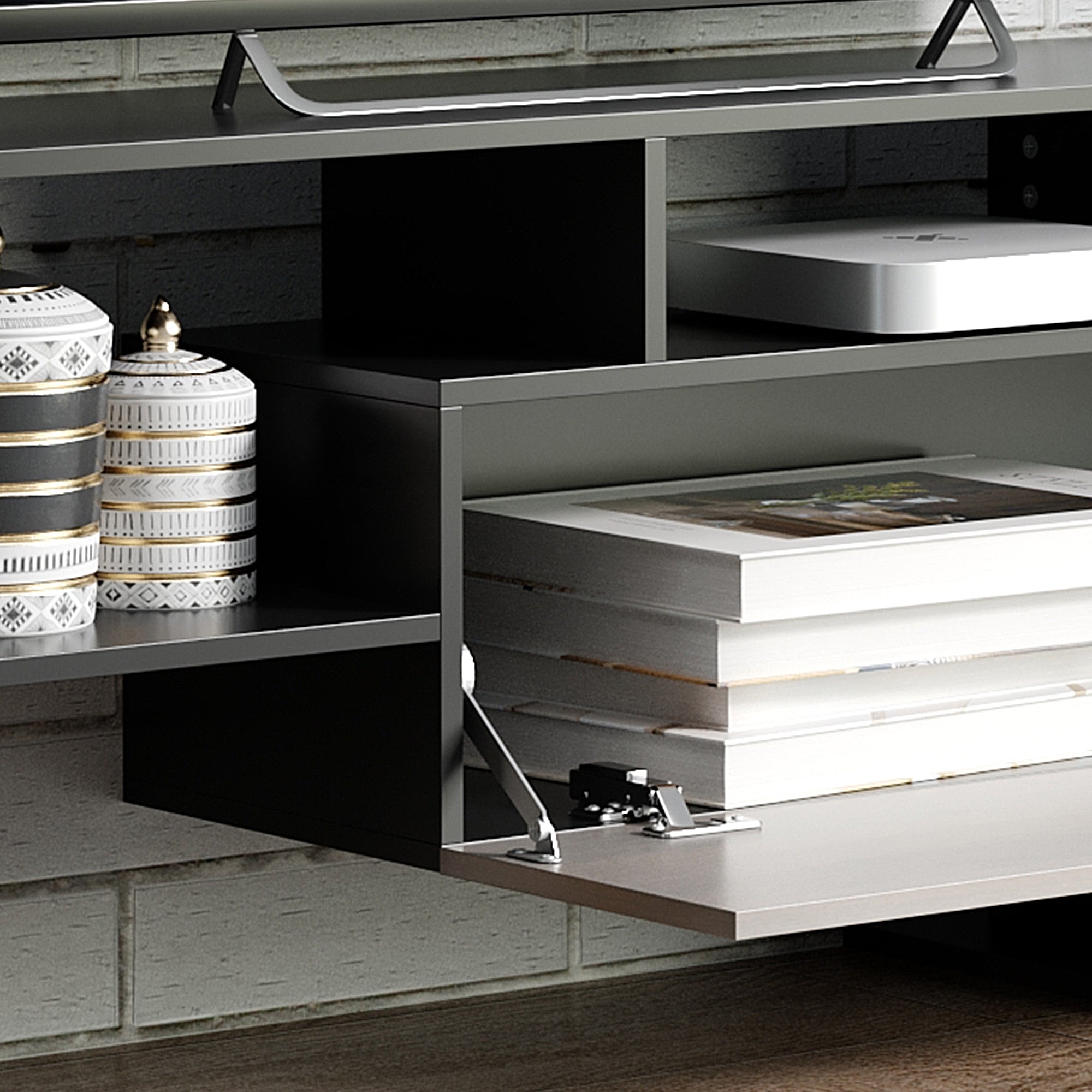 Ensemble meuble TV avec banc et étagère murale style contemporain 153,6L cm - noir