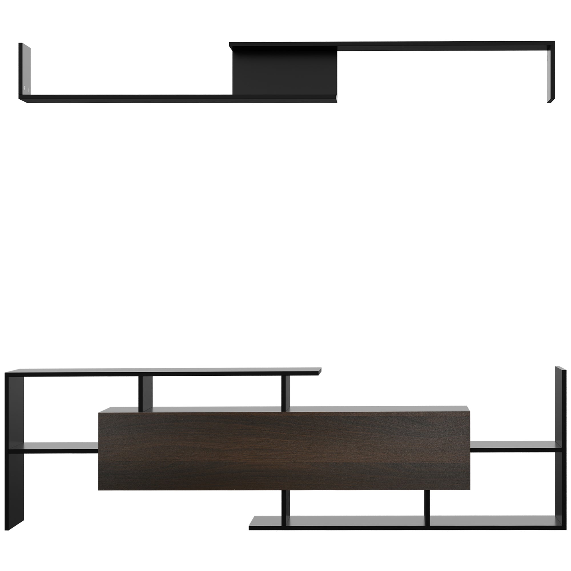 Ensemble meuble TV avec banc et étagère murale style contemporain 153,6L cm - noir