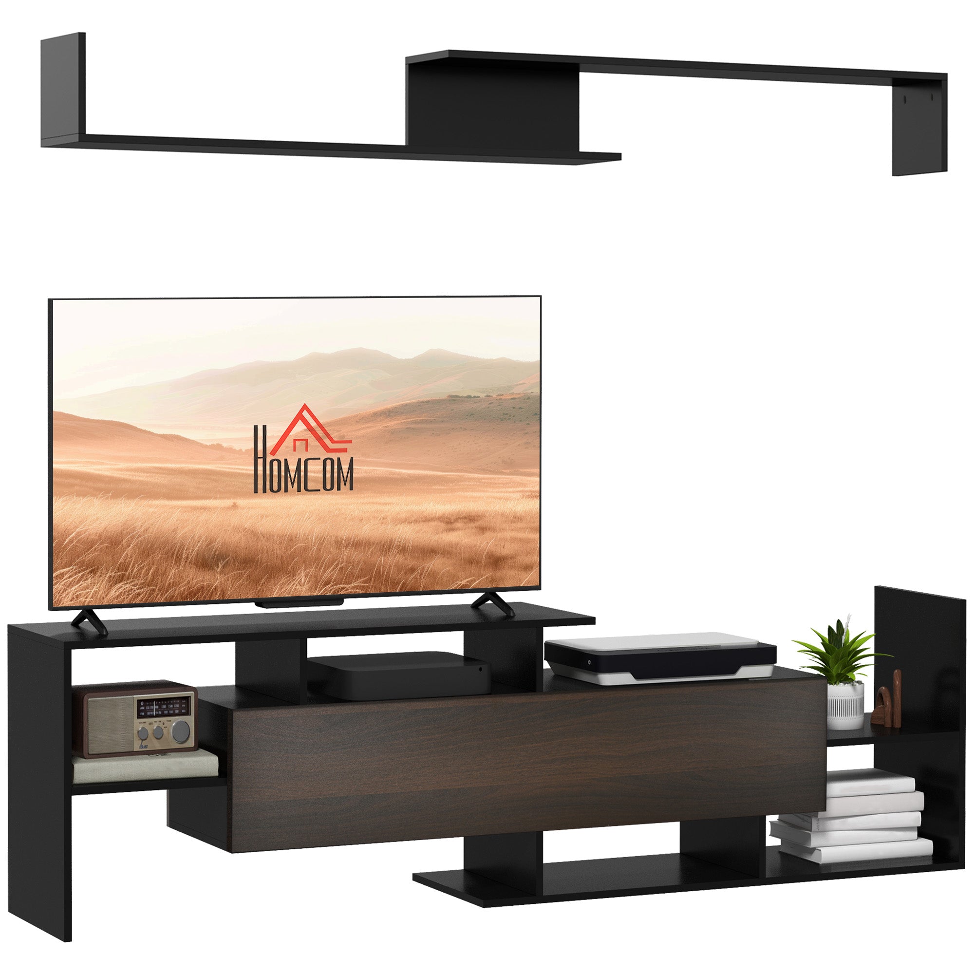 Ensemble meuble TV avec banc et étagère murale style contemporain 153,6L cm - noir