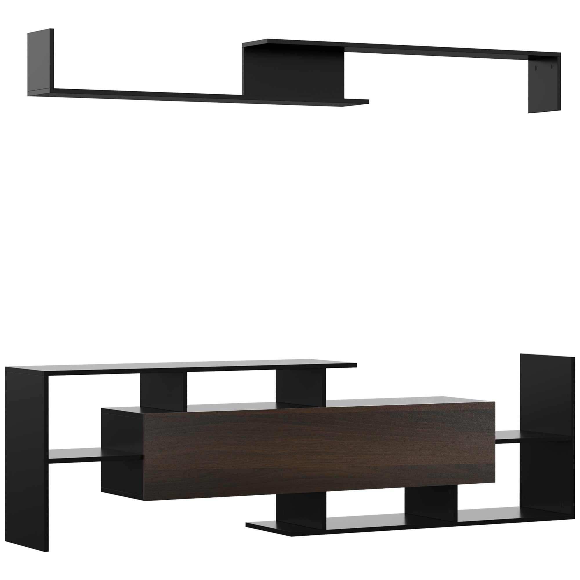 Ensemble meuble TV avec banc et étagère murale style contemporain 153,6L cm - noir