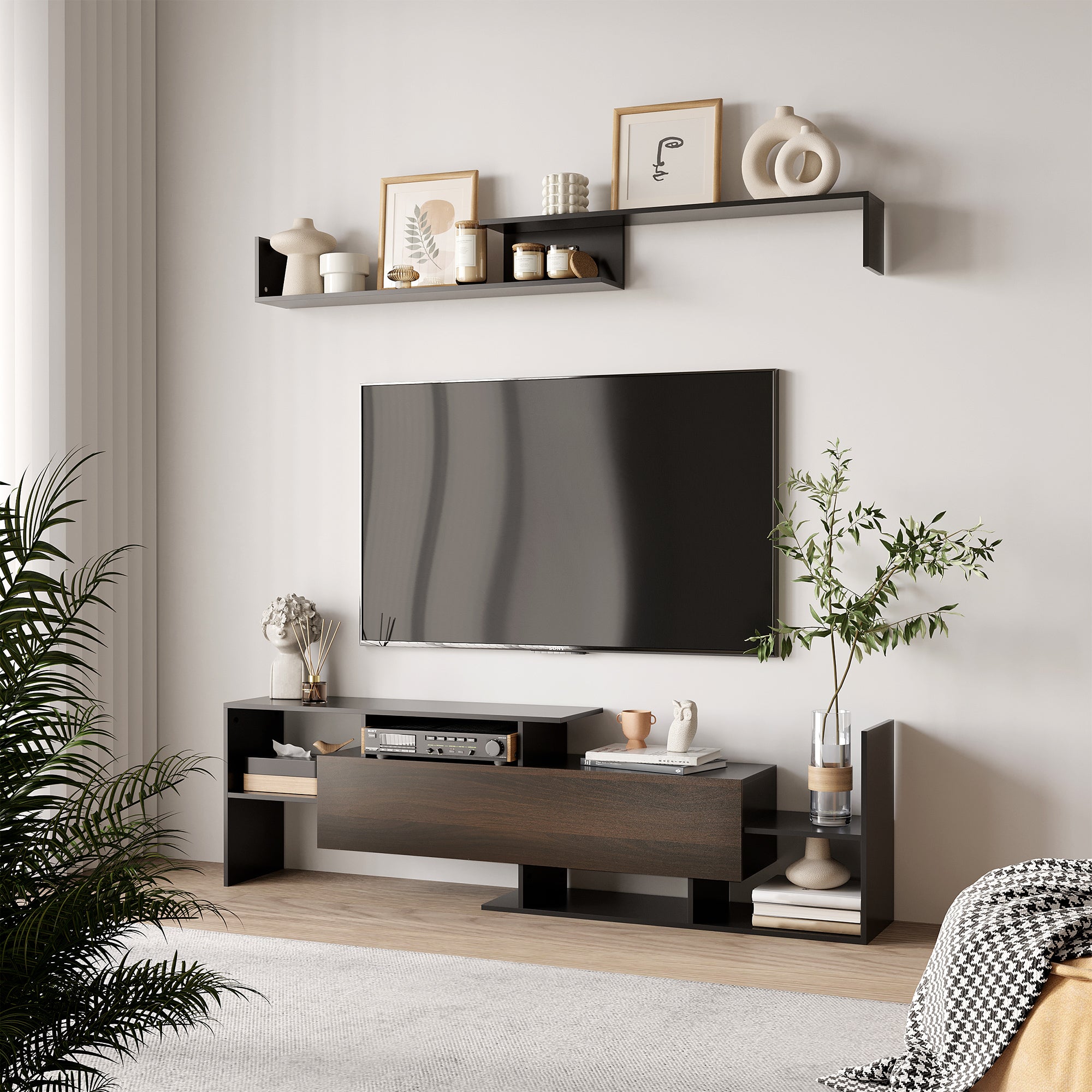 Ensemble meuble TV avec banc et étagère murale style contemporain 153,6L cm - noir