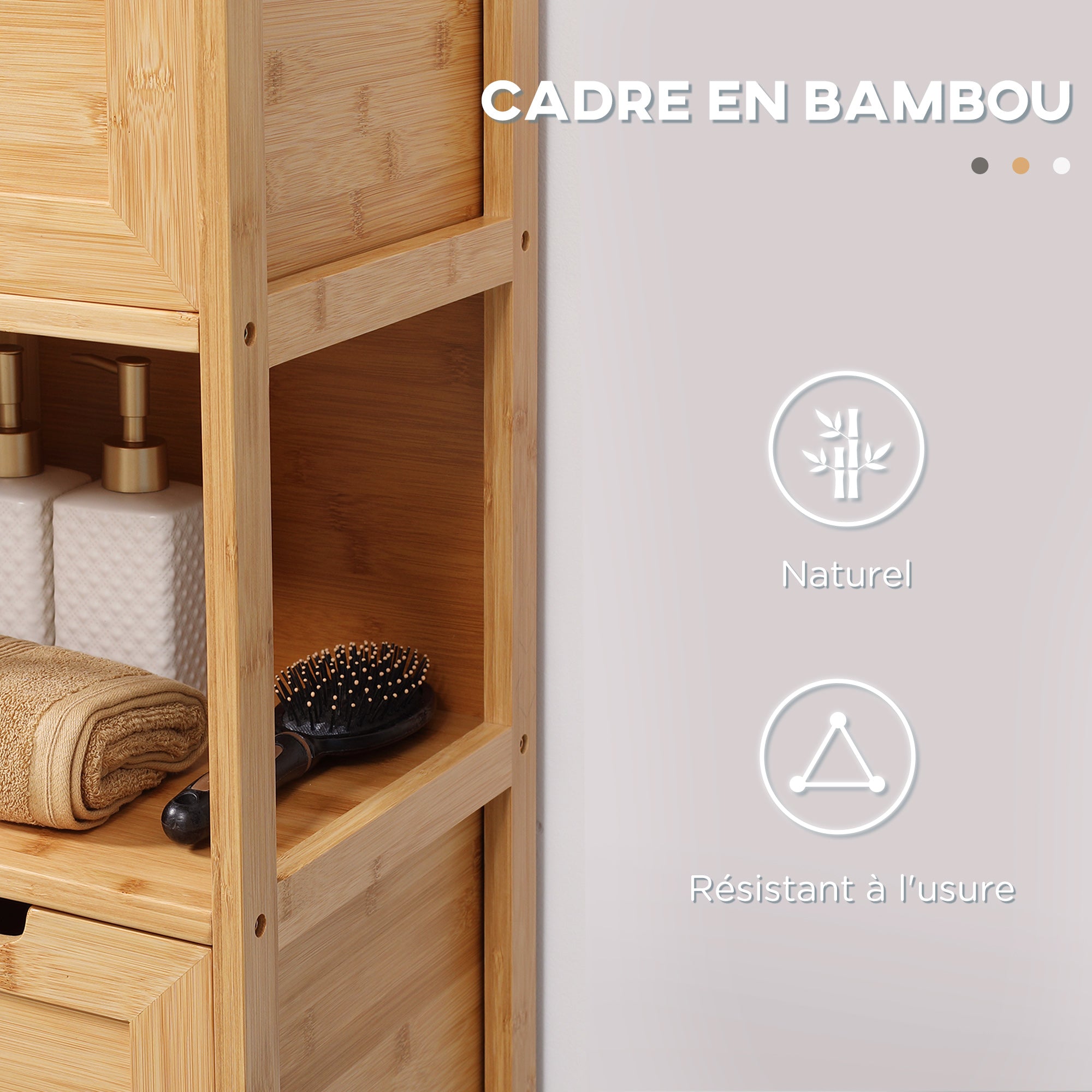 Meuble de salle de bain sur pied meuble de rangement armoire sur pieds en bambou 2 tiroirs amovibles et 1 étagère - design naturel - 30 x 30 x 90 cm naturel