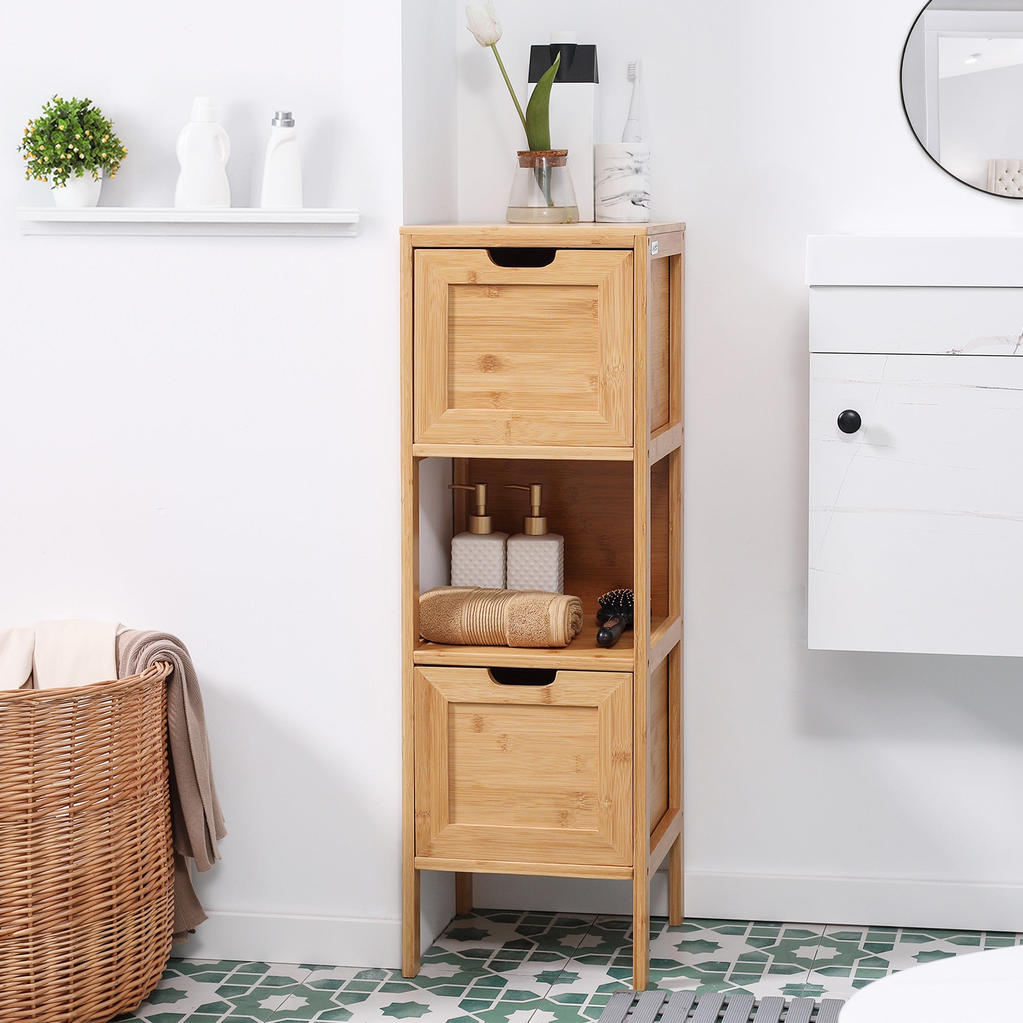 Meuble de salle de bain sur pied meuble de rangement armoire sur pieds en bambou 2 tiroirs amovibles et 1 étagère - design naturel - 30 x 30 x 90 cm naturel