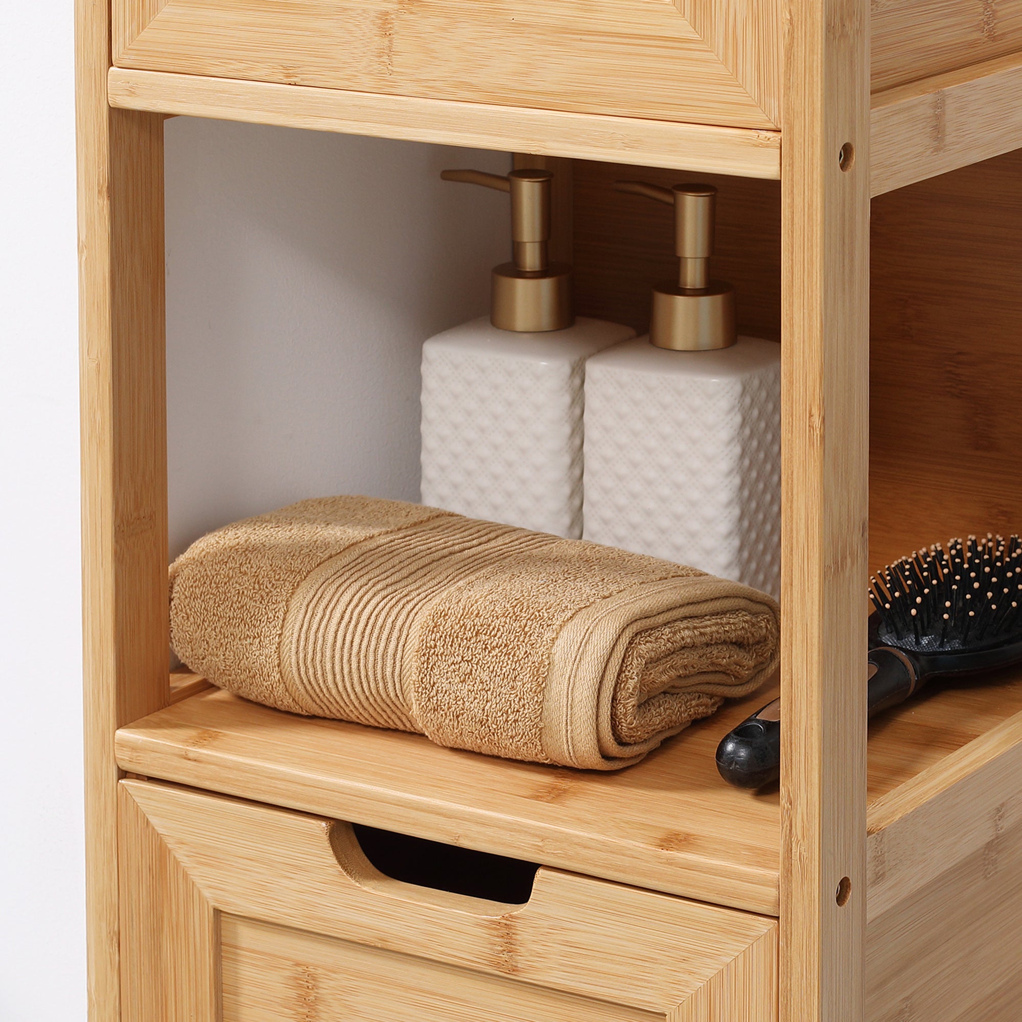 Meuble de salle de bain sur pied meuble de rangement armoire sur pieds en bambou 2 tiroirs amovibles et 1 étagère - design naturel - 30 x 30 x 90 cm naturel