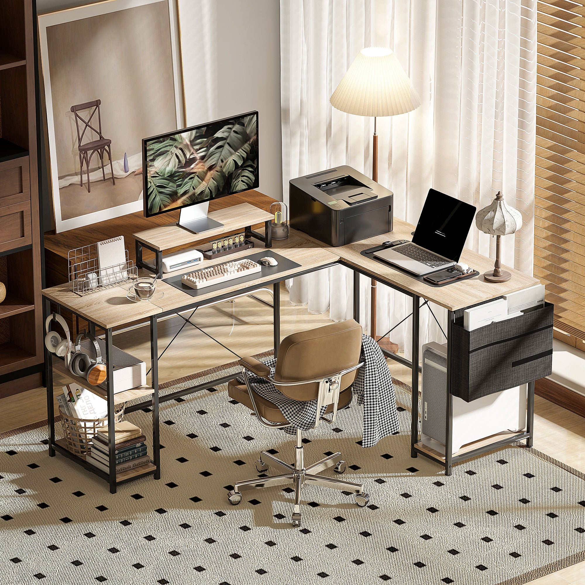 Bureau d'angle modulable réversible, bureau avec rangement 168-240 cm style industriel - étagère réglable, sac de rangement, support d'écran, bureau d'ordinateur pour 2 personnes, bois naturel