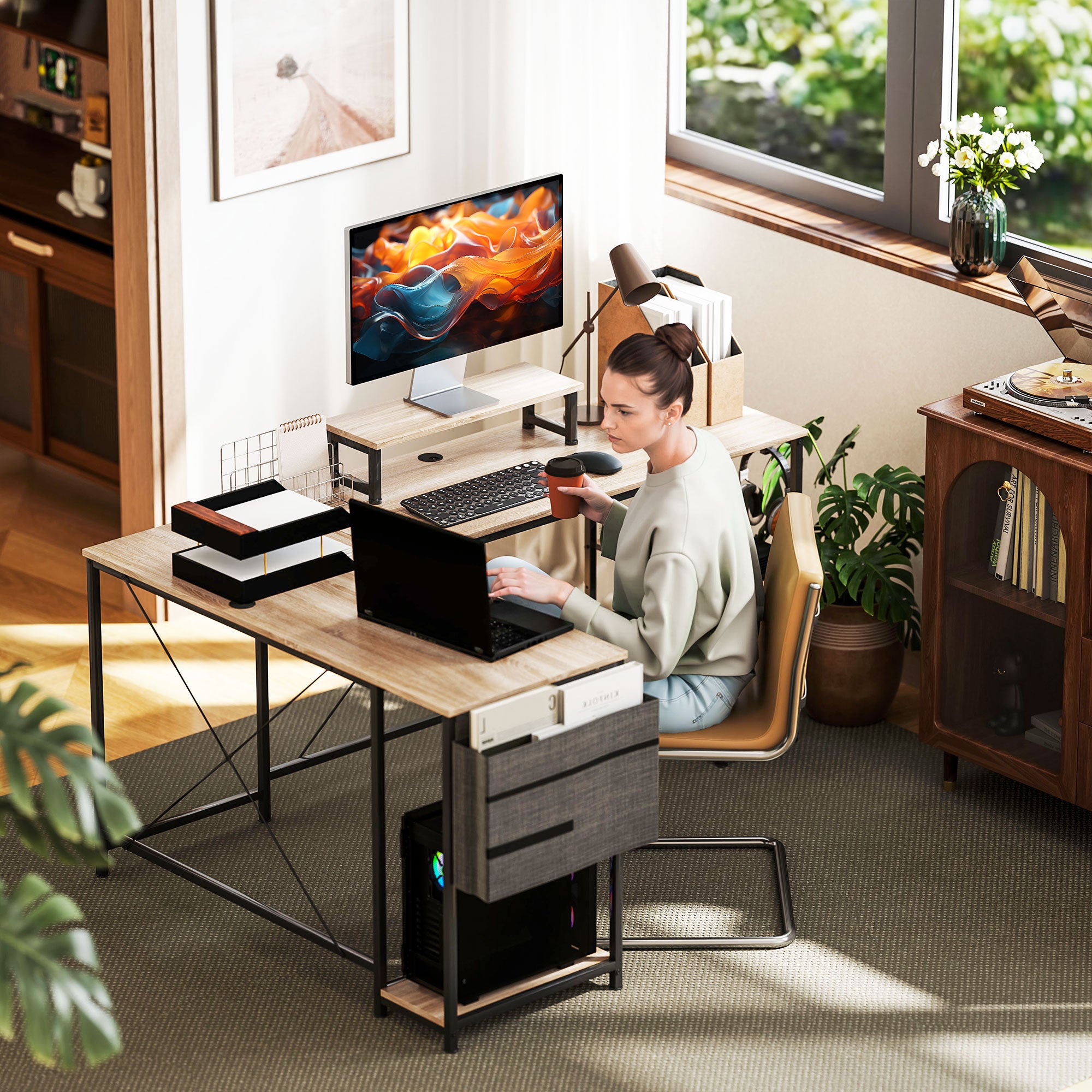 Bureau d'angle modulable réversible, bureau avec rangement 168-240 cm style industriel - étagère réglable, sac de rangement, support d'écran, bureau d'ordinateur pour 2 personnes, bois naturel