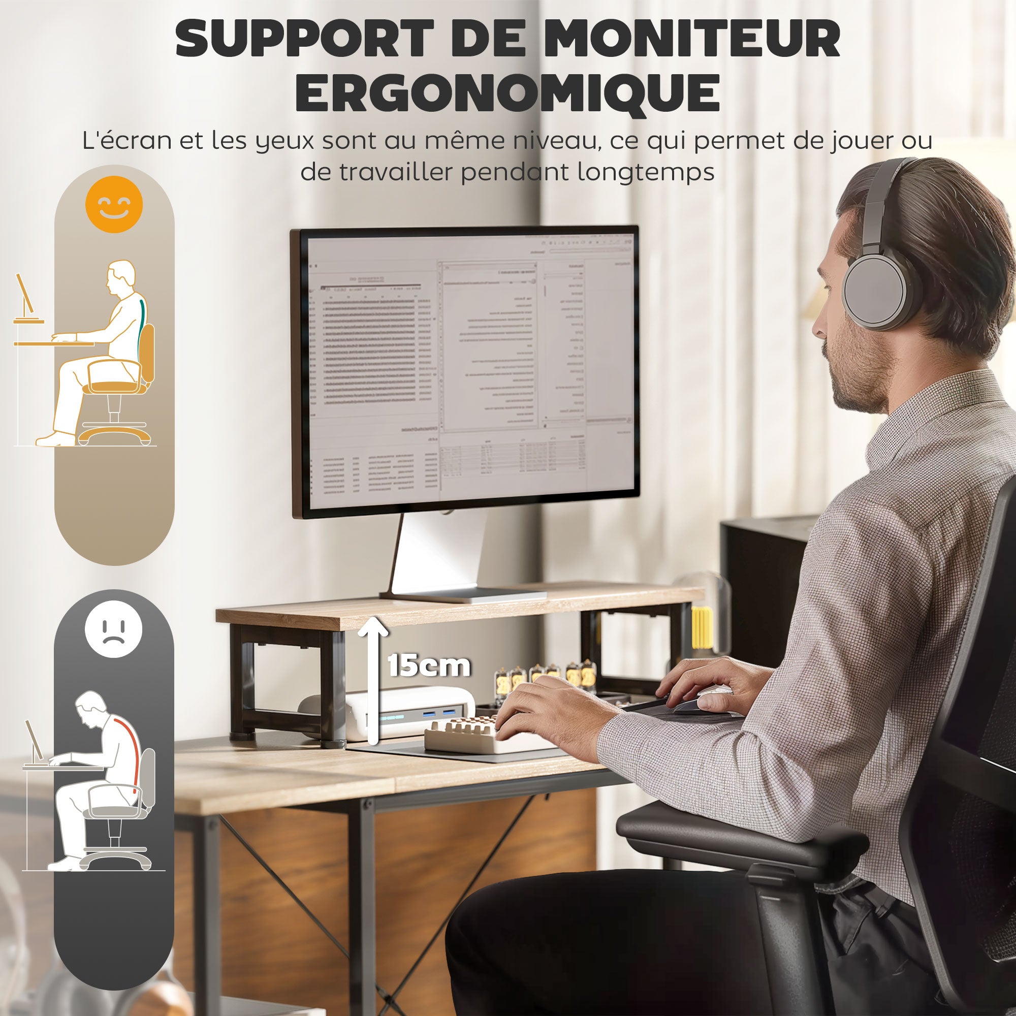 Bureau d'angle modulable réversible, bureau avec rangement 168-240 cm style industriel - étagère réglable, sac de rangement, support d'écran, bureau d'ordinateur pour 2 personnes, bois naturel