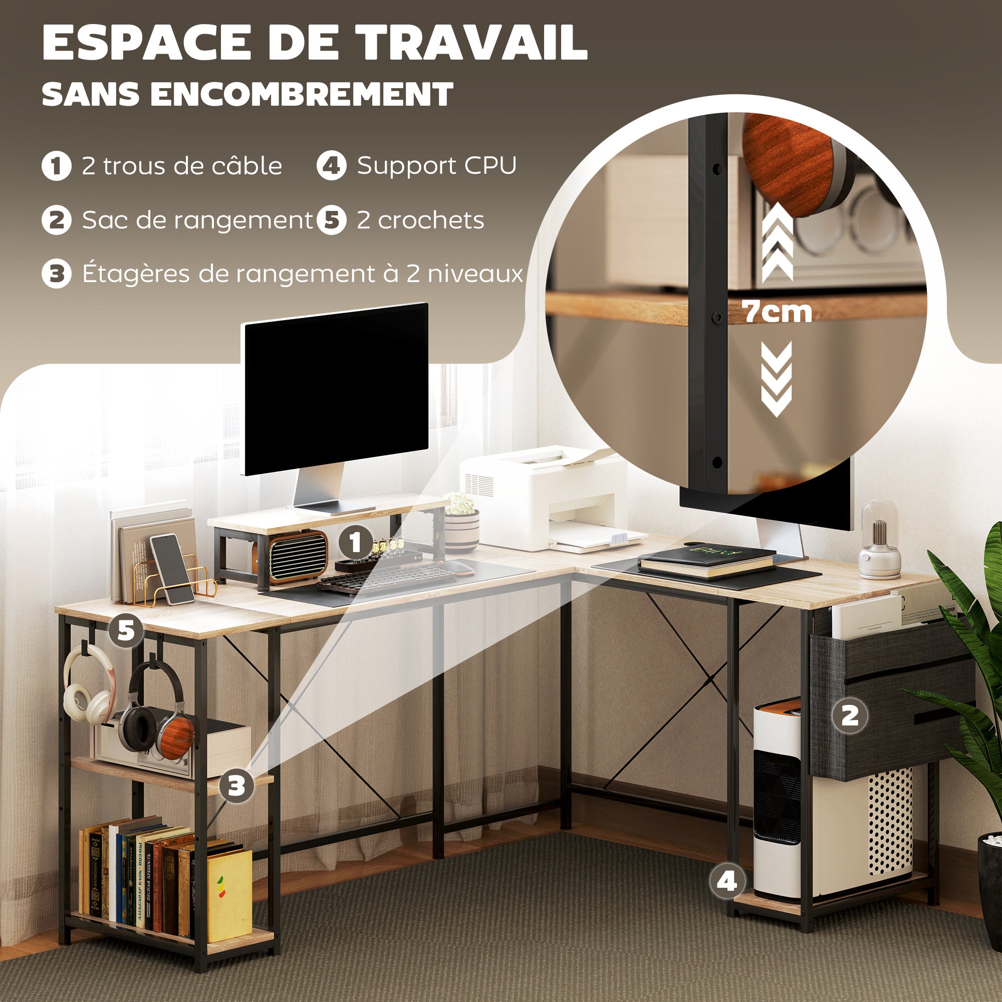 Bureau d'angle modulable réversible, bureau avec rangement 168-240 cm style industriel - étagère réglable, sac de rangement, support d'écran, bureau d'ordinateur pour 2 personnes, bois naturel