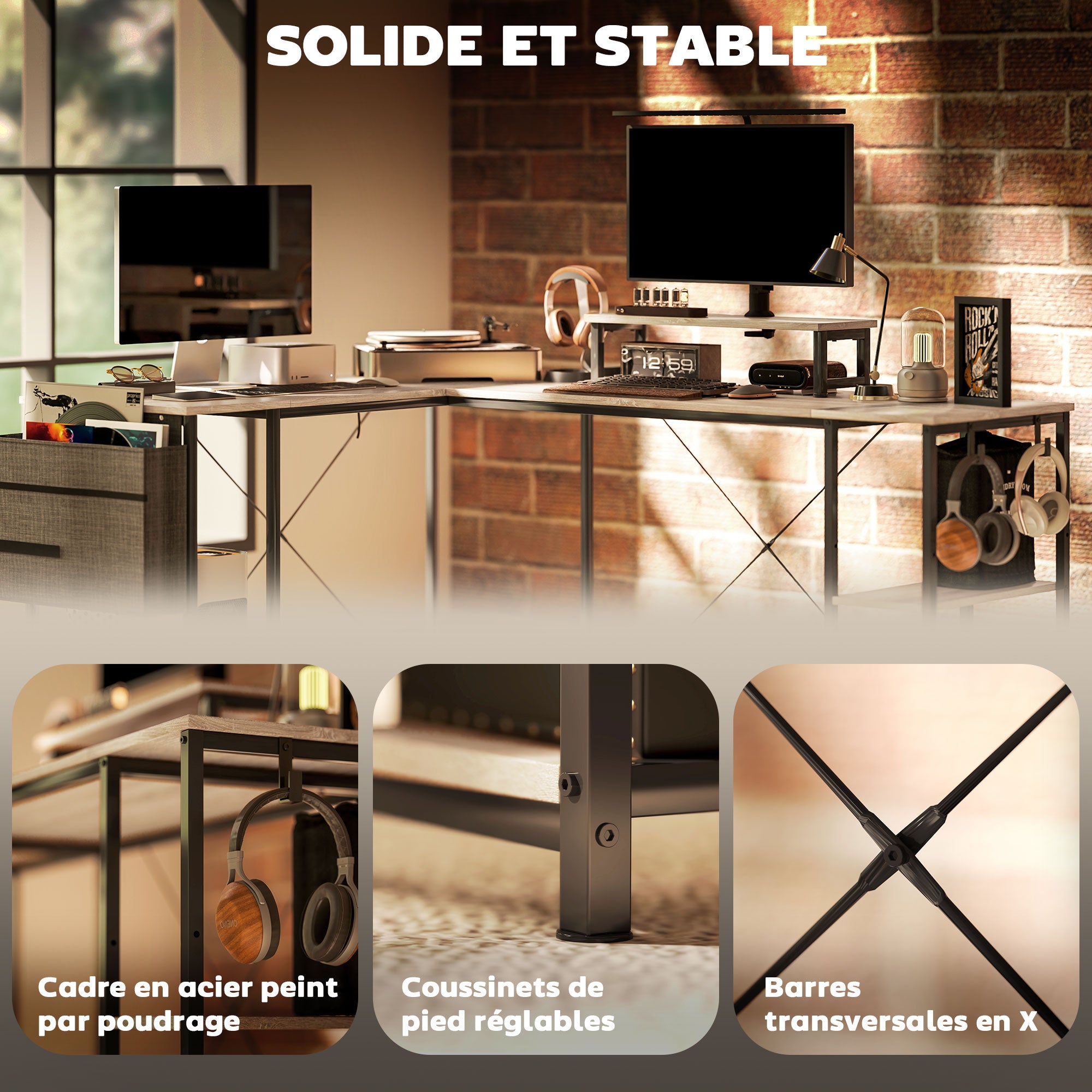 Bureau d'angle modulable réversible, bureau avec rangement 168-240 cm style industriel - étagère réglable, sac de rangement, support d'écran, bureau d'ordinateur pour 2 personnes, bois naturel