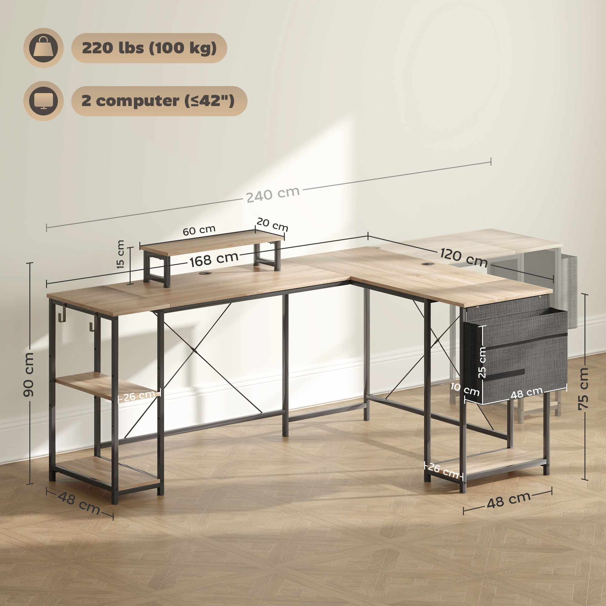 Bureau d'angle modulable réversible, bureau avec rangement 168-240 cm style industriel - étagère réglable, sac de rangement, support d'écran, bureau d'ordinateur pour 2 personnes, bois naturel
