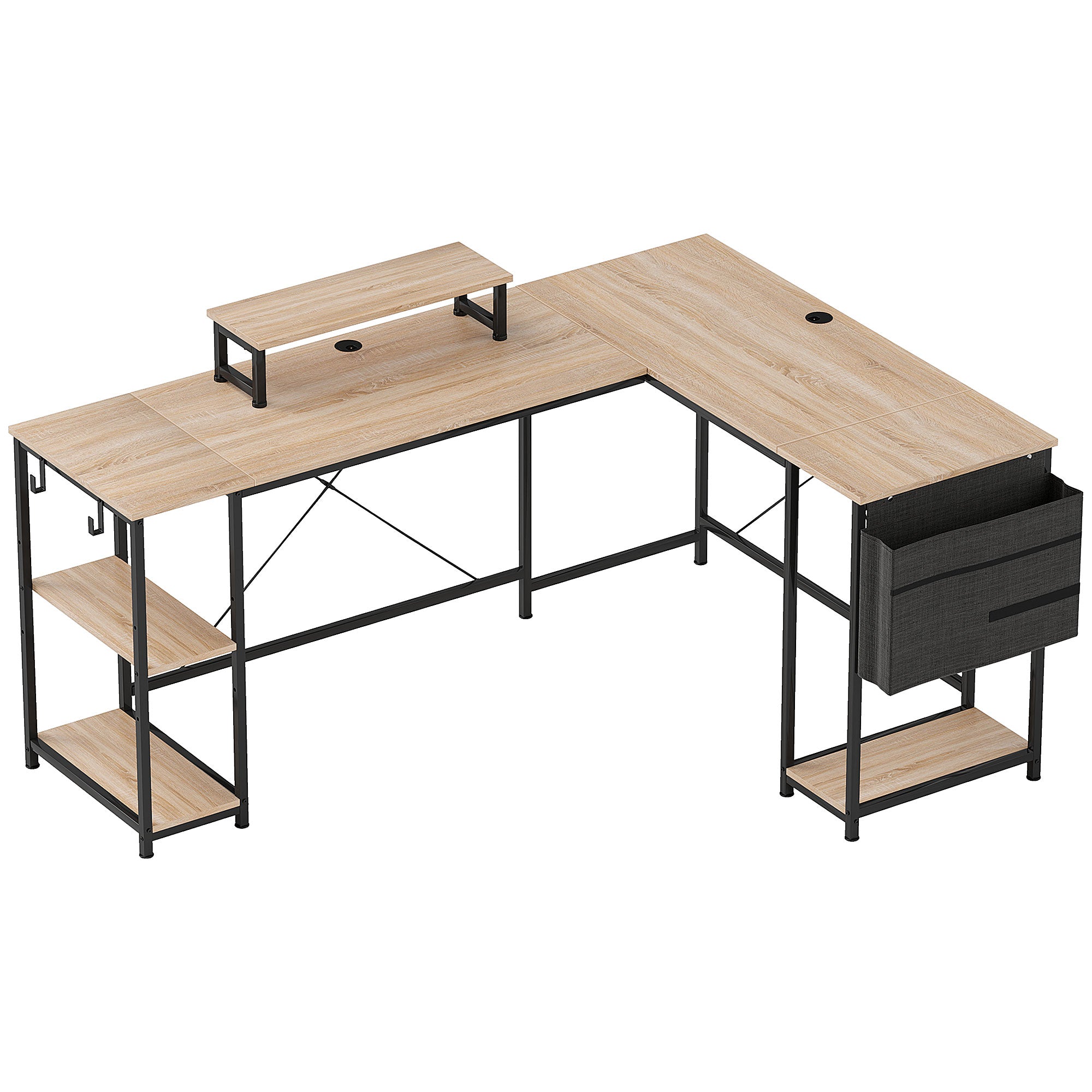 Bureau d'angle modulable réversible, bureau avec rangement 168-240 cm style industriel - étagère réglable, sac de rangement, support d'écran, bureau d'ordinateur pour 2 personnes, bois naturel