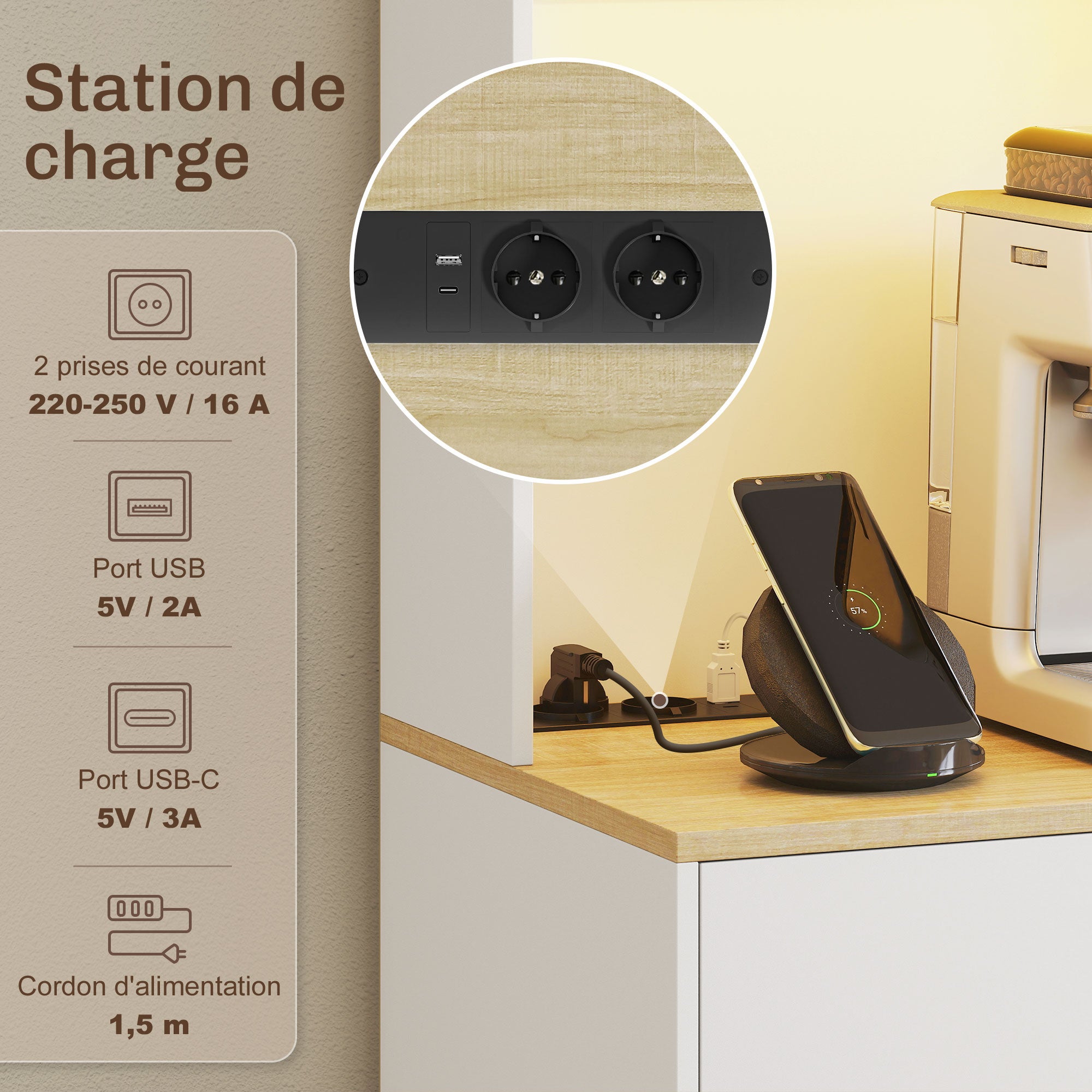 Buffet Haut Cuisine avec LED et Station de Charge, Armoire de Cuisine 180cm avec 4 Portes, Tiroir, Étagères Réglables et Plan de Travail, Meuble de Rangement pour Salon, Salle à Manger, Blanc