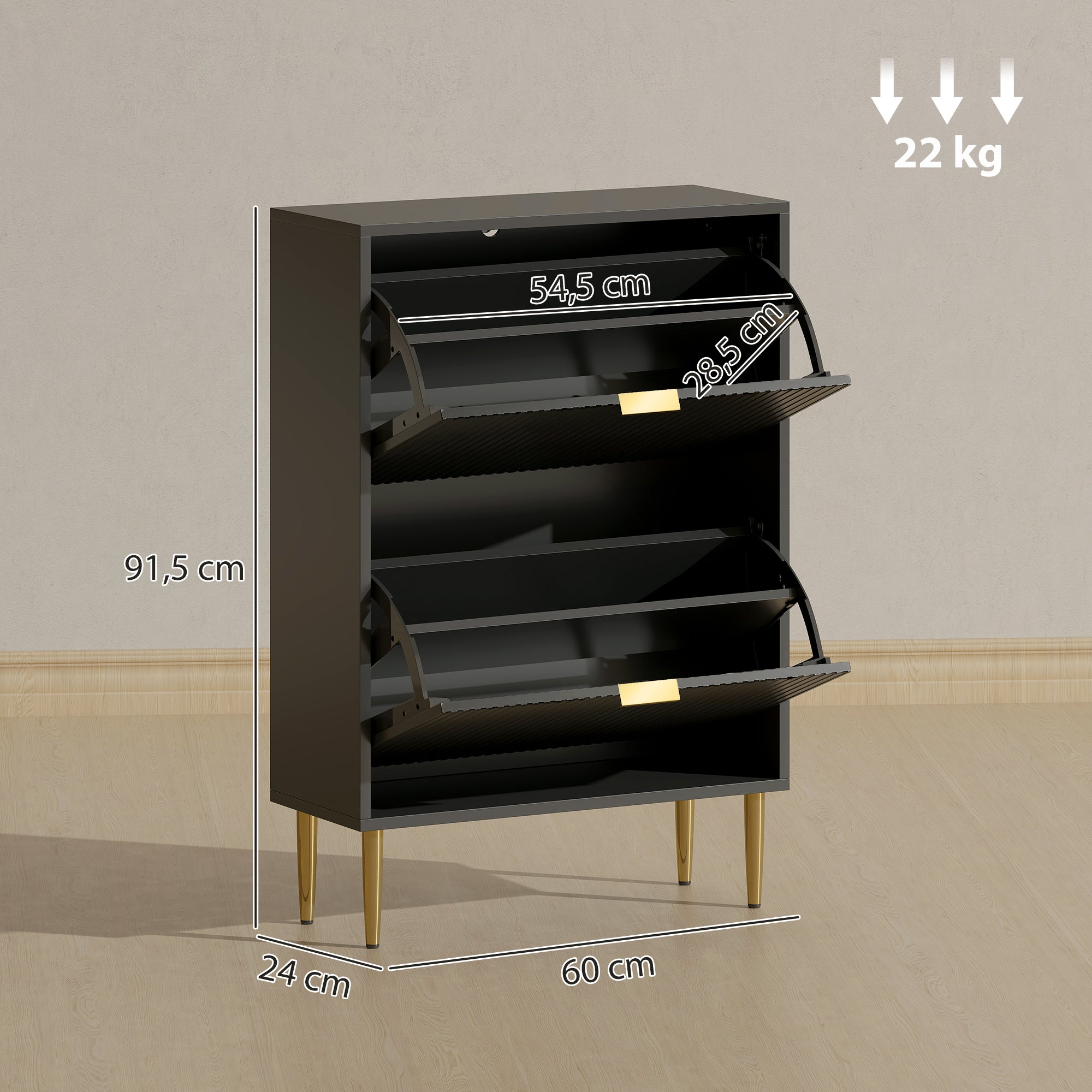 Meuble à chaussures 12 paires, armoire à chaussures étroite moderne avec 2 tiroirs rabattables, portes cannelées et étagères réglables, pour couloir et entrée, 60 x 24 x 91,5 cm, noir