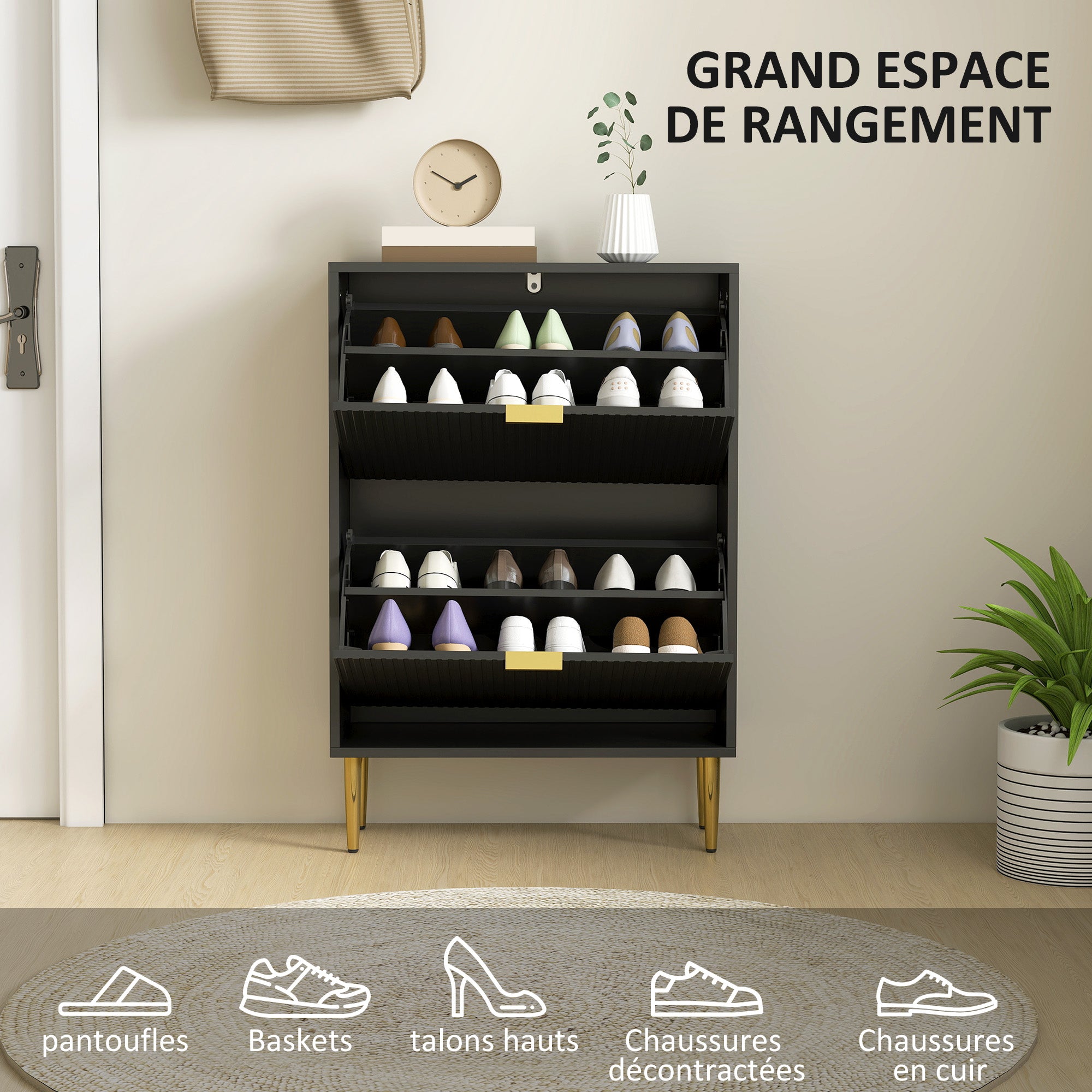 Meuble à chaussures 12 paires, armoire à chaussures étroite moderne avec 2 tiroirs rabattables, portes cannelées et étagères réglables, pour couloir et entrée, 60 x 24 x 91,5 cm, noir