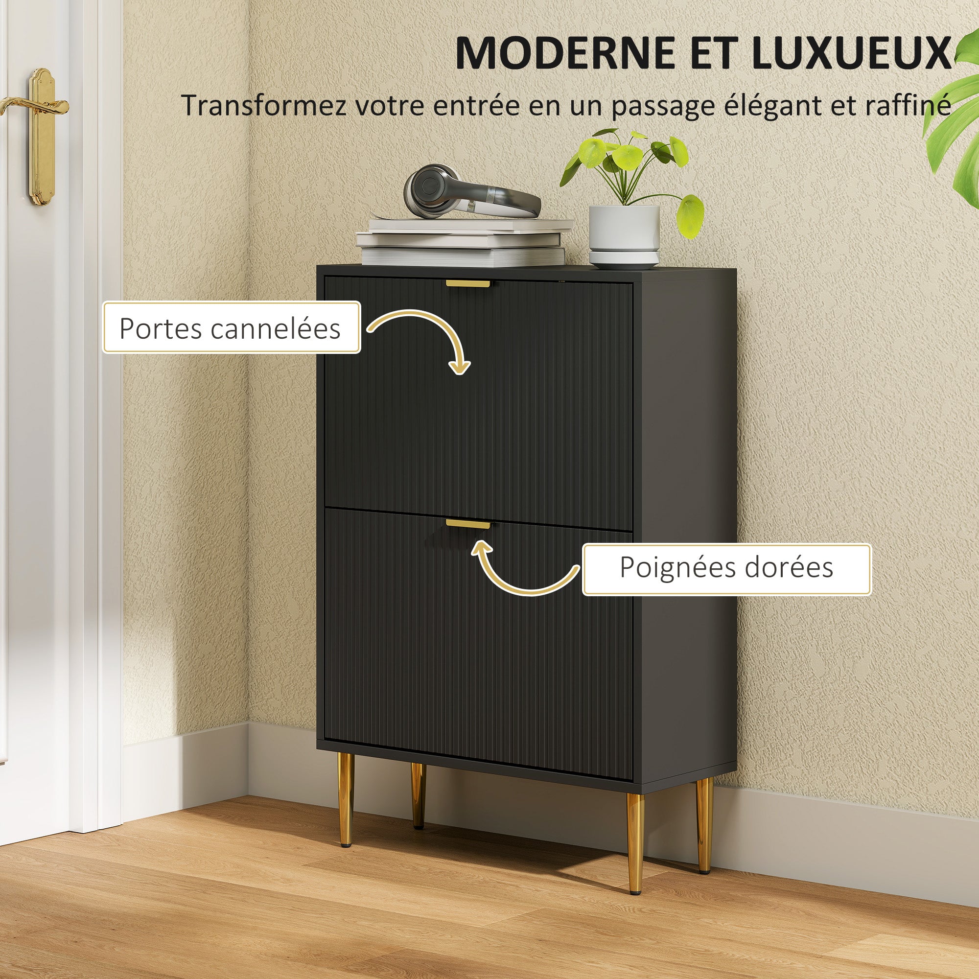 Meuble à chaussures 12 paires, armoire à chaussures étroite moderne avec 2 tiroirs rabattables, portes cannelées et étagères réglables, pour couloir et entrée, 60 x 24 x 91,5 cm, noir