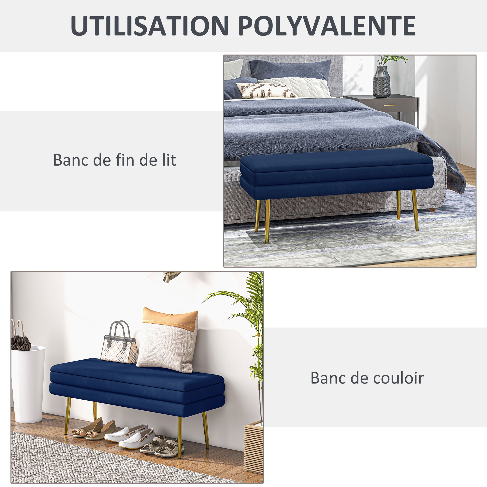Banc de rangement, bout de lit, coffre de rangement avec assise aspect velours et pieds acier, 100 x 37,5 x 42 cm, bleu et doré
