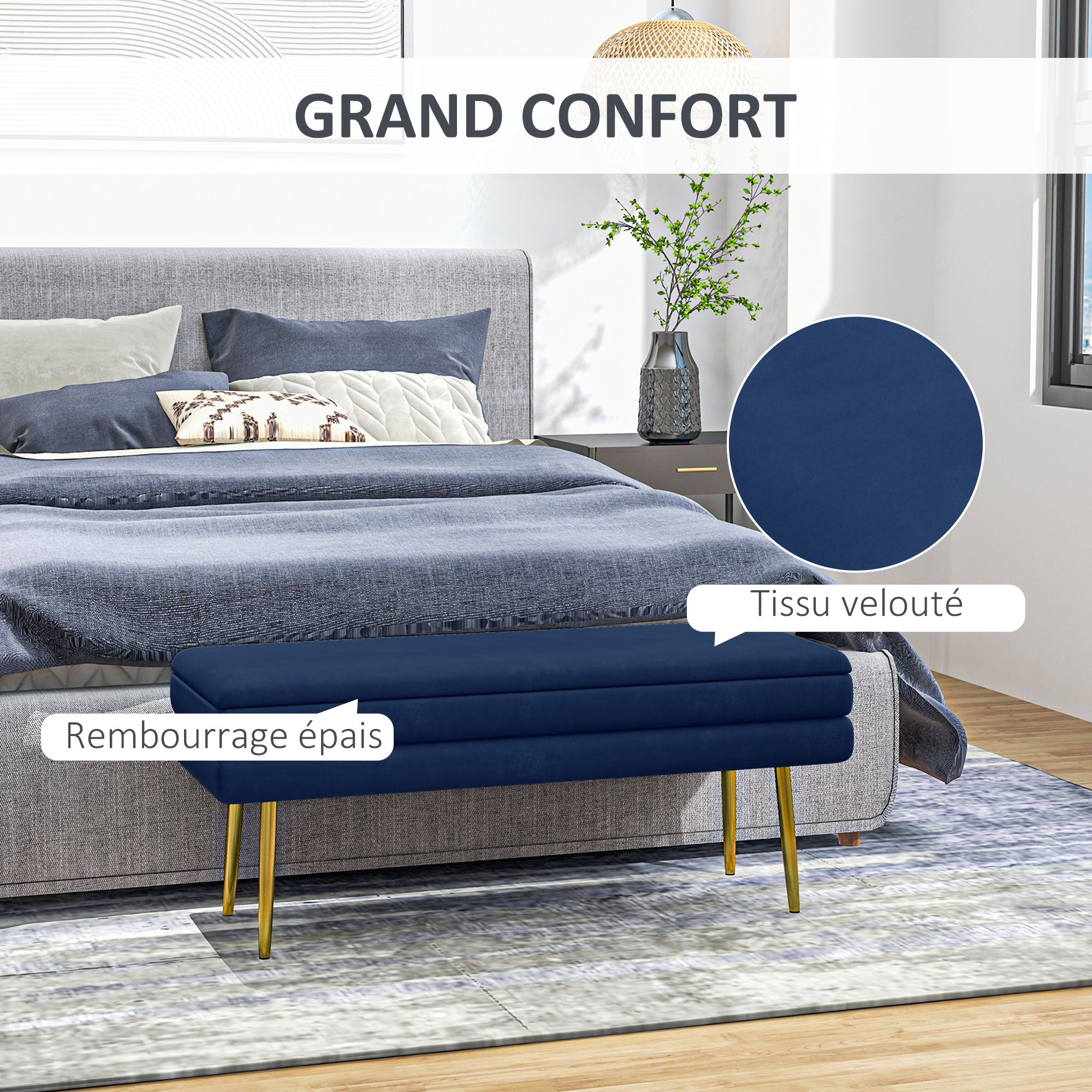 Banc de rangement, bout de lit, coffre de rangement avec assise aspect velours et pieds acier, 100 x 37,5 x 42 cm, bleu et doré