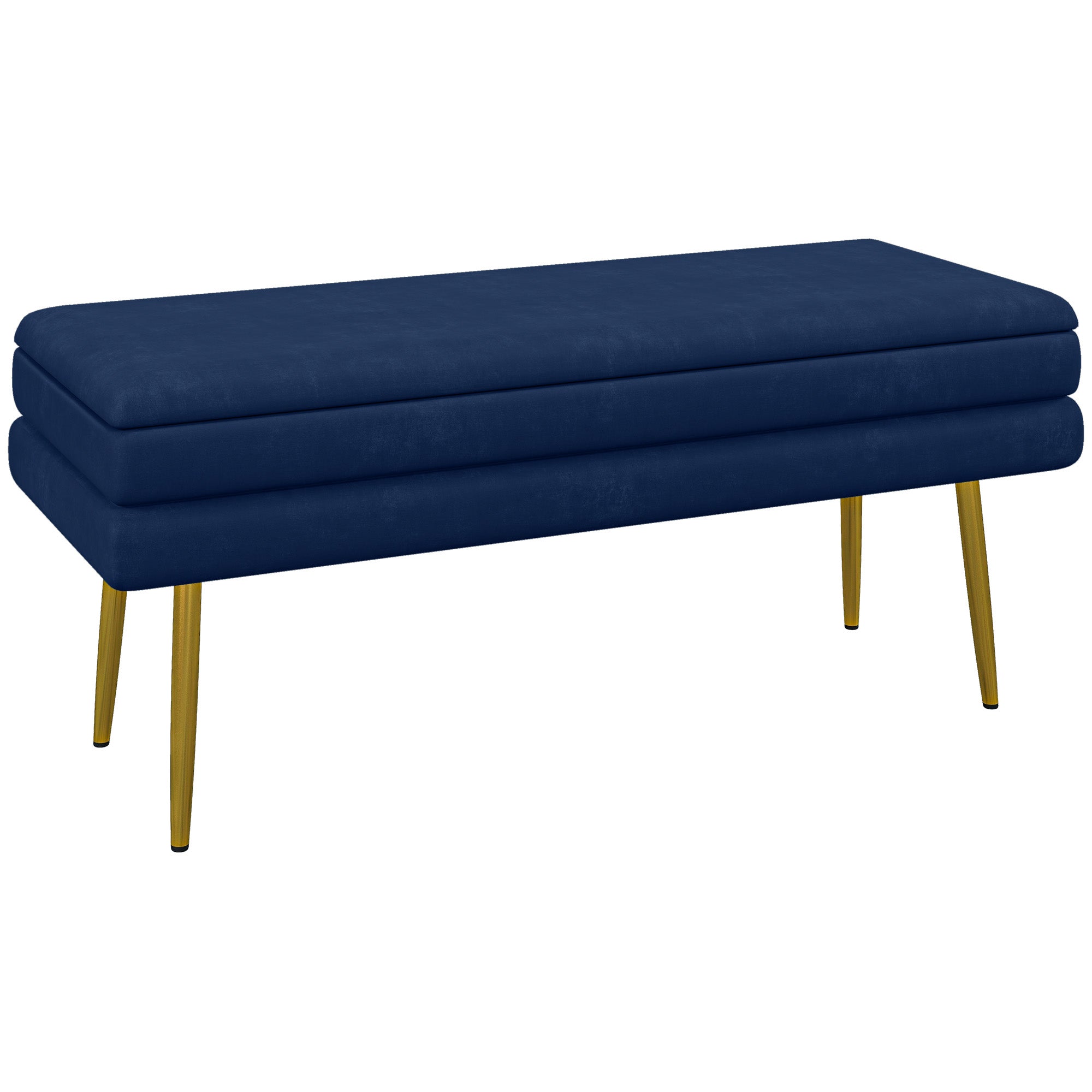 Banc de rangement, bout de lit, coffre de rangement avec assise aspect velours et pieds acier, 100 x 37,5 x 42 cm, bleu et doré
