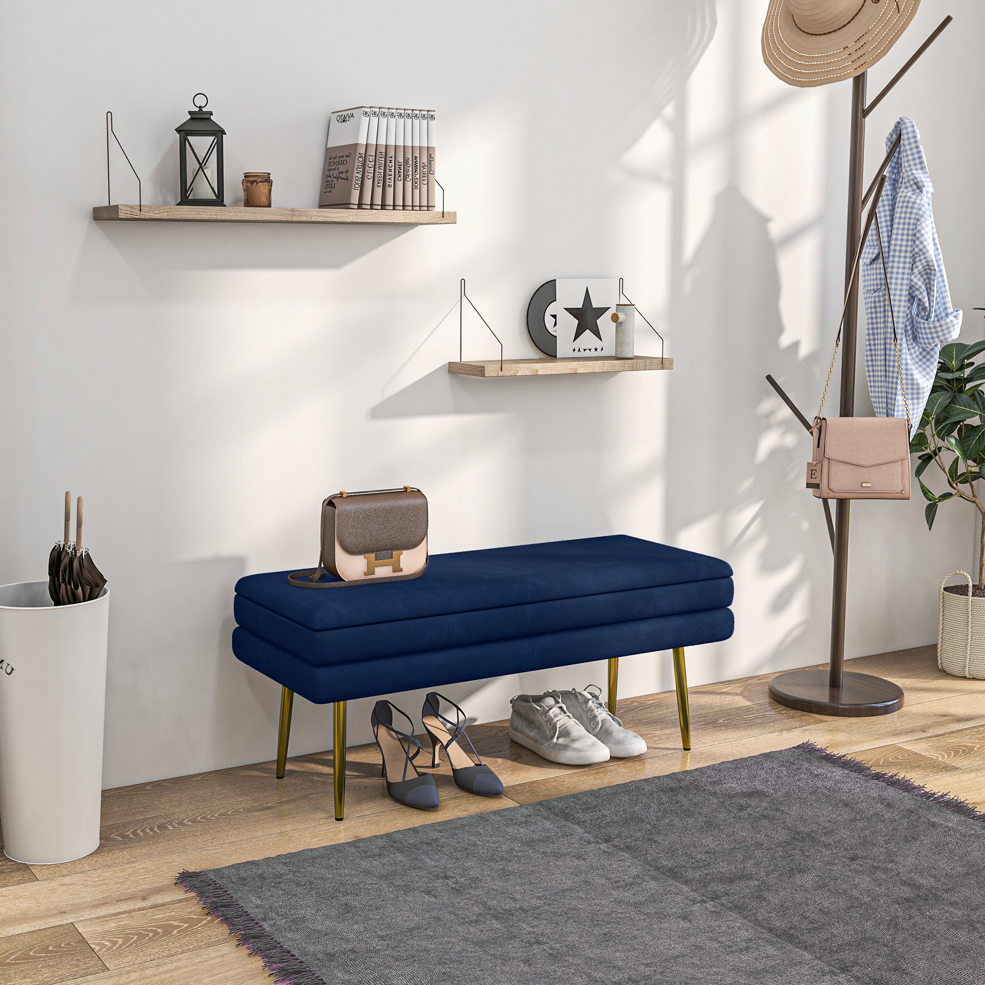 Banc de rangement, bout de lit, coffre de rangement avec assise aspect velours et pieds acier, 100 x 37,5 x 42 cm, bleu et doré