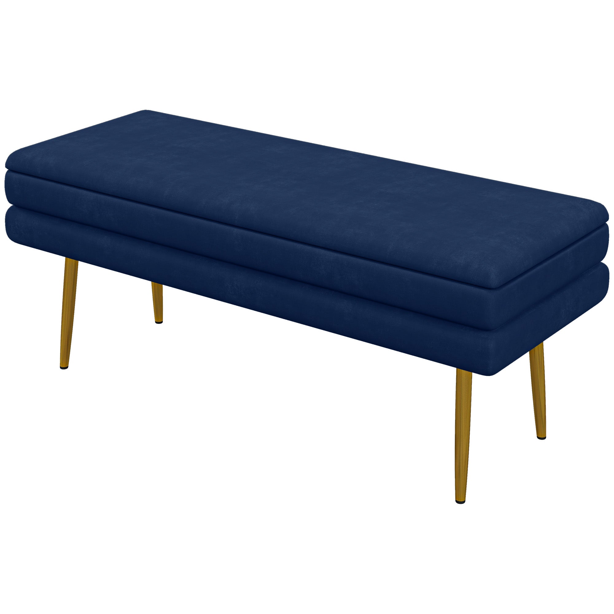 Banc de rangement, bout de lit, coffre de rangement avec assise aspect velours et pieds acier, 100 x 37,5 x 42 cm, bleu et doré