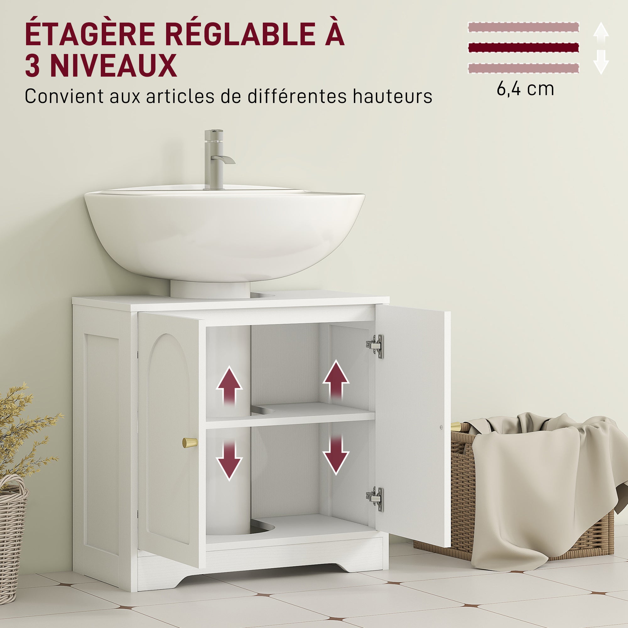 Meuble sous lavabo salle de bain meuble sous vasque armoire de rangement pour lavabo - placard à portes et étagère réglable, pour bassin avec ou sans pédestal, 60 x 30 x 65 cm, blanc