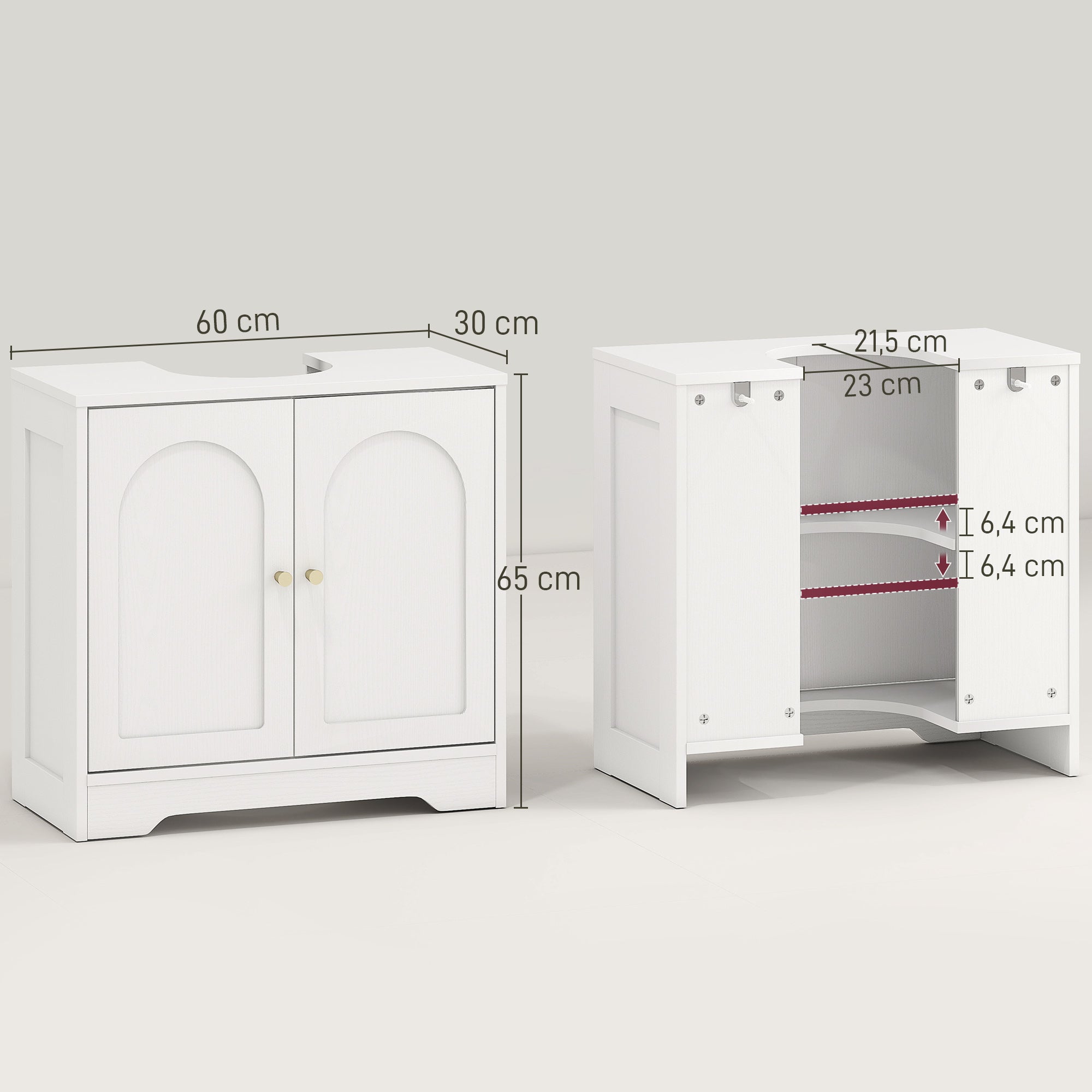 Meuble sous lavabo salle de bain meuble sous vasque armoire de rangement pour lavabo - placard à portes et étagère réglable, pour bassin avec ou sans pédestal, 60 x 30 x 65 cm, blanc