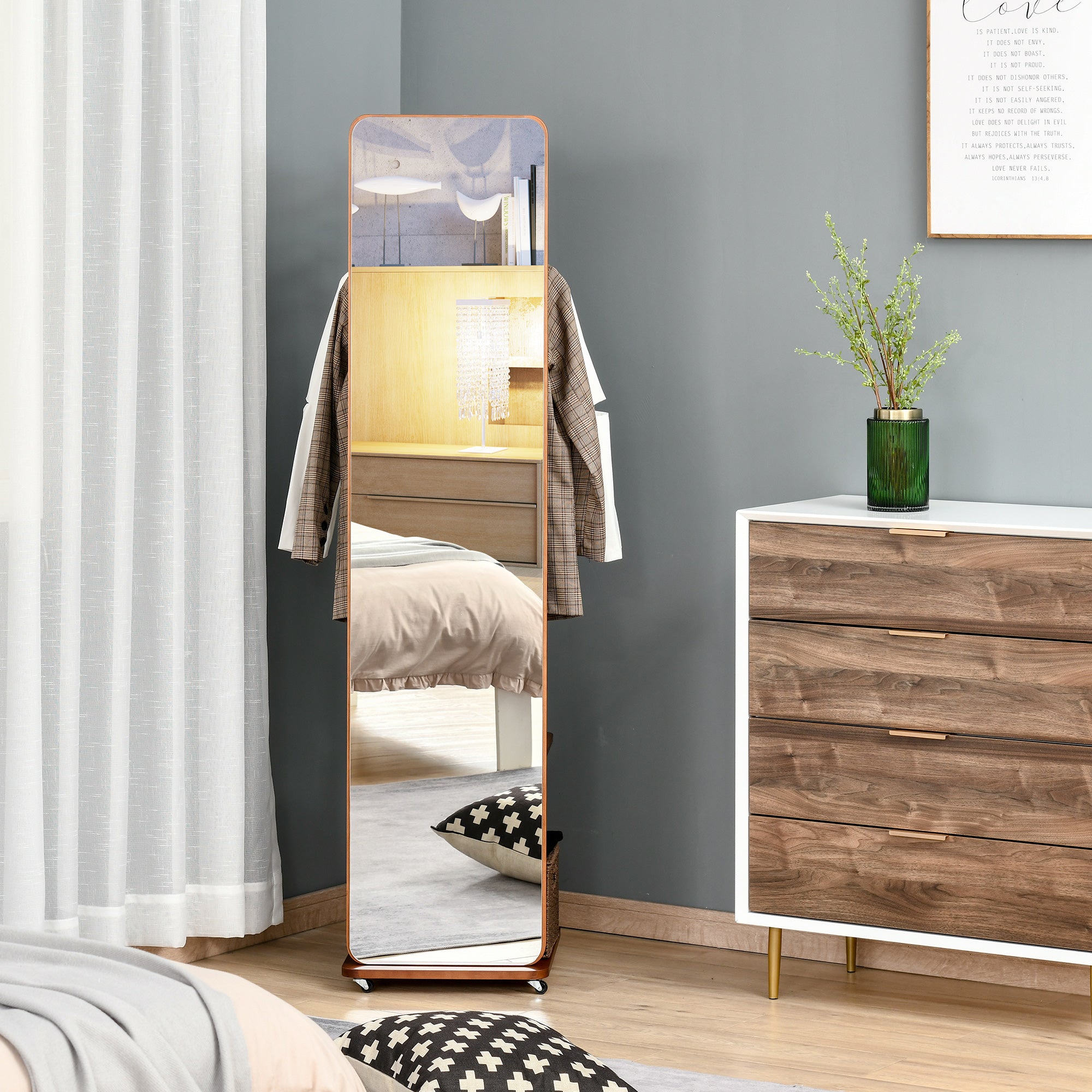 Miroir sur Pied avec roulettes - Portant, 4 patères étagère MDF Aspect Noyer