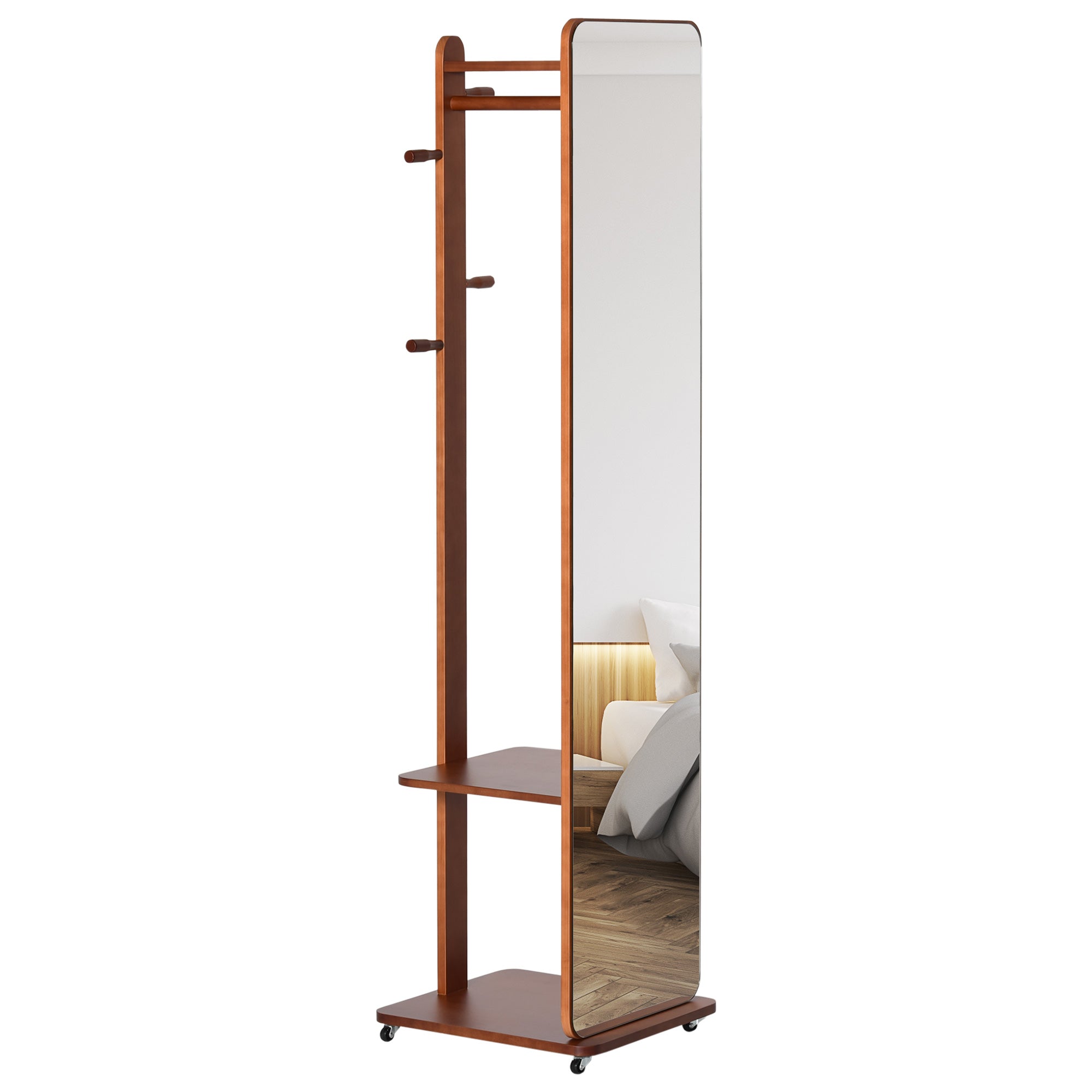 Miroir sur Pied avec roulettes - Portant, 4 patères étagère MDF Aspect Noyer