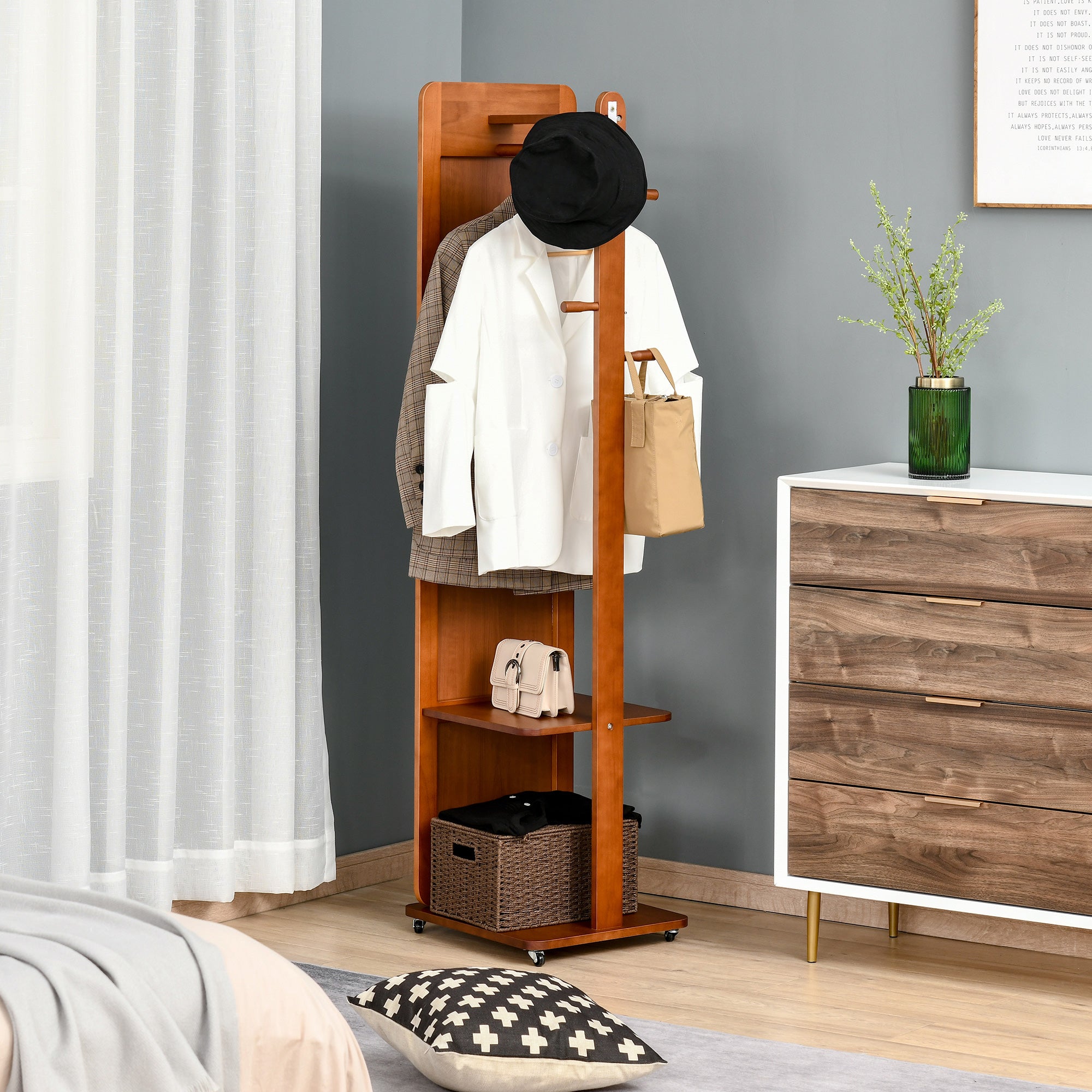 Miroir sur Pied avec roulettes - Portant, 4 patères étagère MDF Aspect Noyer