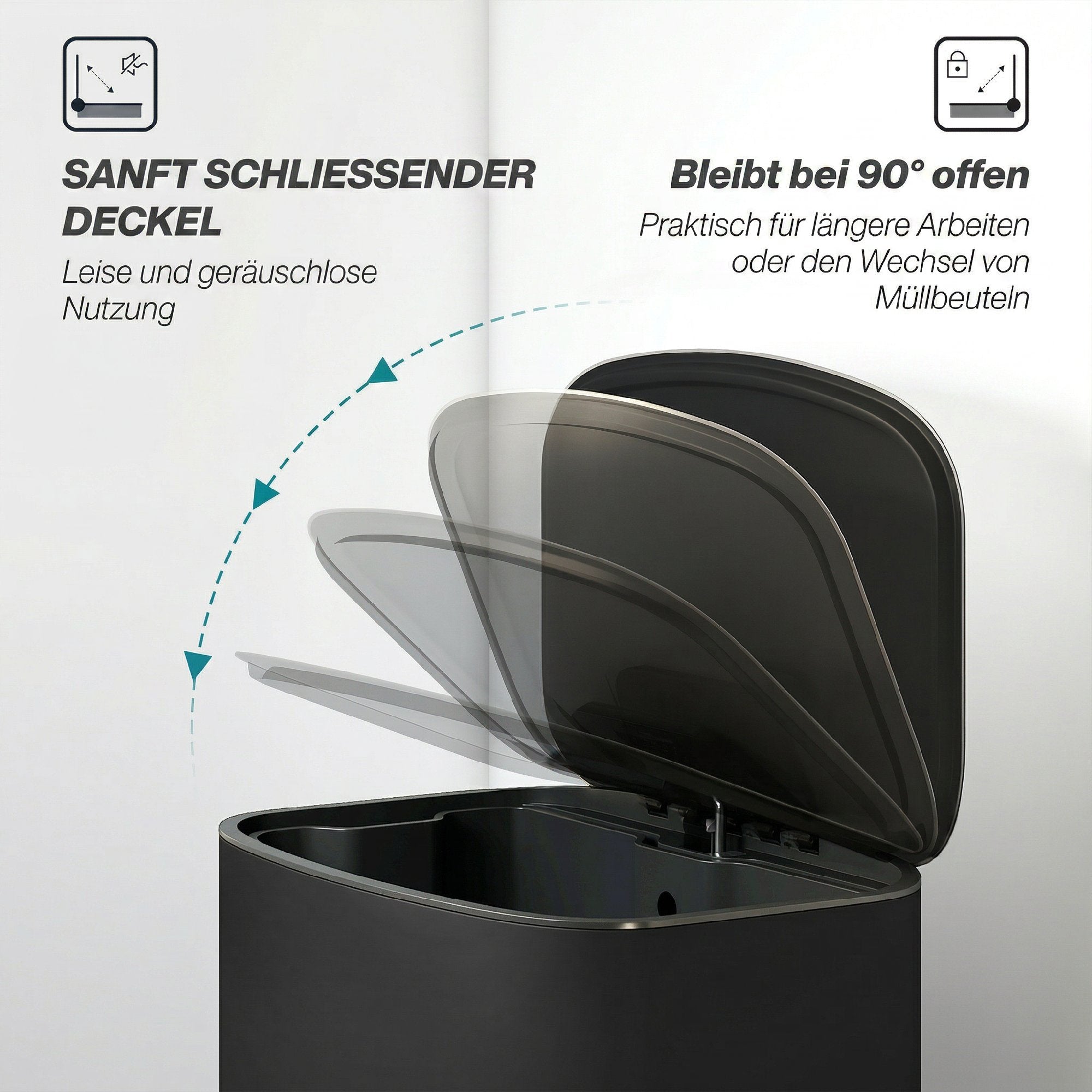 Poubelle de cuisine 50 L à pédale avec fonction maintien ouvert, couvercle à fermeture douce, pédale, poubelle en acier inoxydable, noir, 45,1 x 36,5 x 62,6 cm