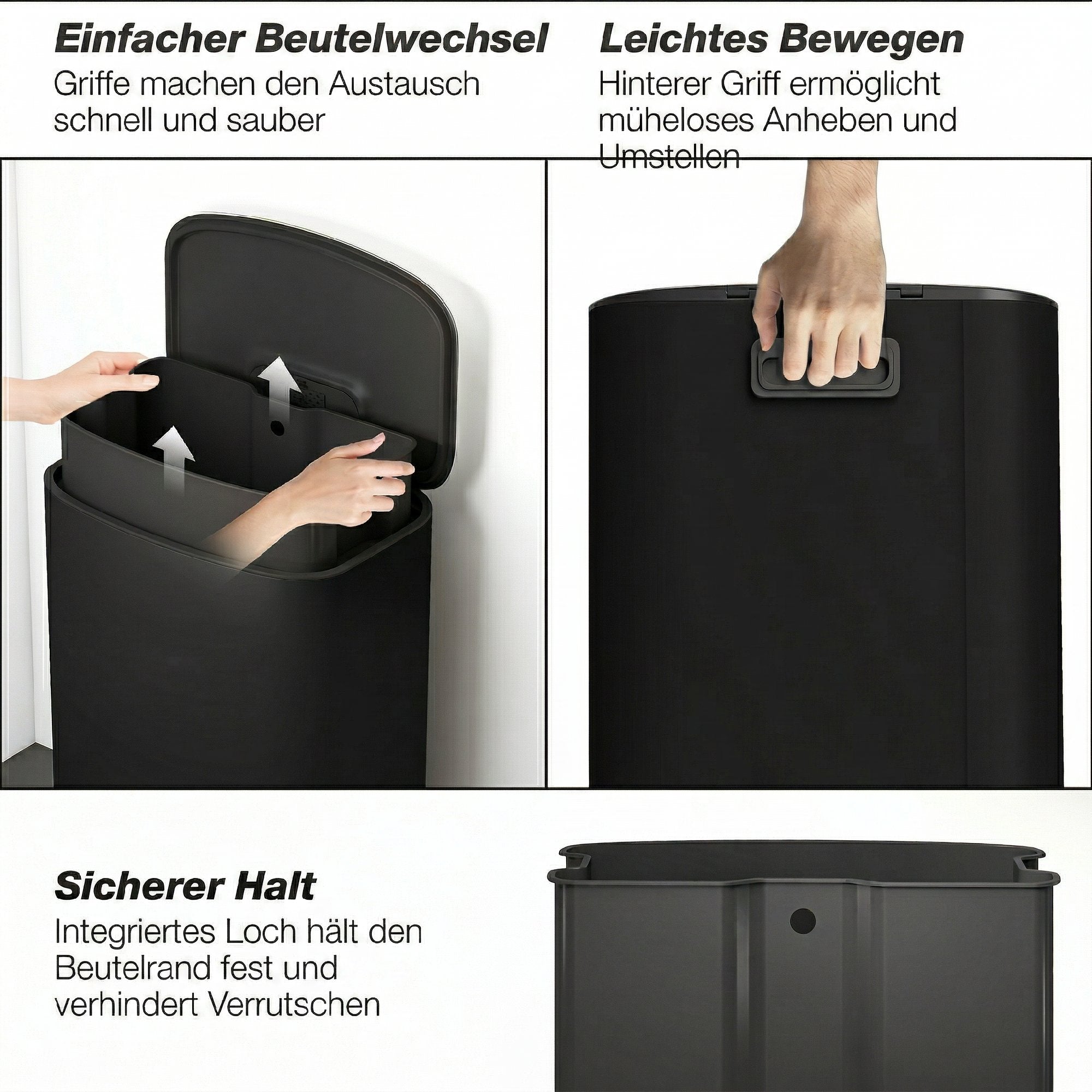 Poubelle de cuisine 50 L à pédale avec fonction maintien ouvert, couvercle à fermeture douce, pédale, poubelle en acier inoxydable, noir, 45,1 x 36,5 x 62,6 cm