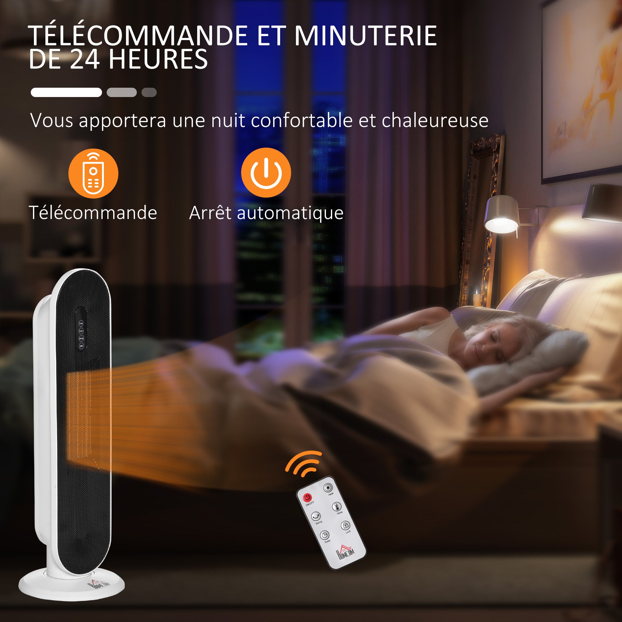 Radiateur électrique Chauffage soufflant oscillant 45° minuterie 24H 1200/2000 W - céramique PTC - télécommande incluse - chauffage d'appoint protection contre renversement et surchauffe noir