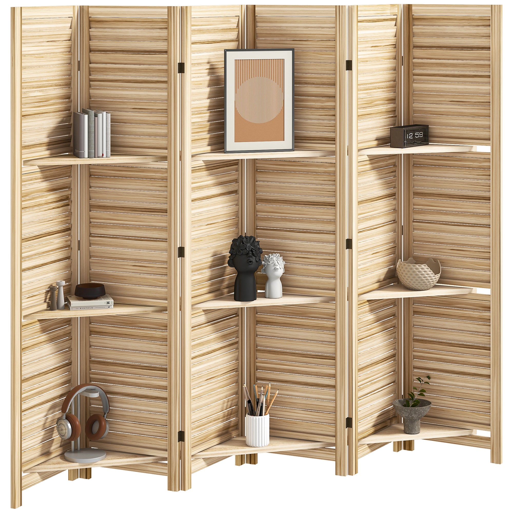 Paravent intérieur en bois 6 panneaux 240 x 170 cm, séparateur de pièce pliable avec 3 étagères, cloison de séparation pour salon, chambre à coucher, maison, bois naturel avec finition brûlée