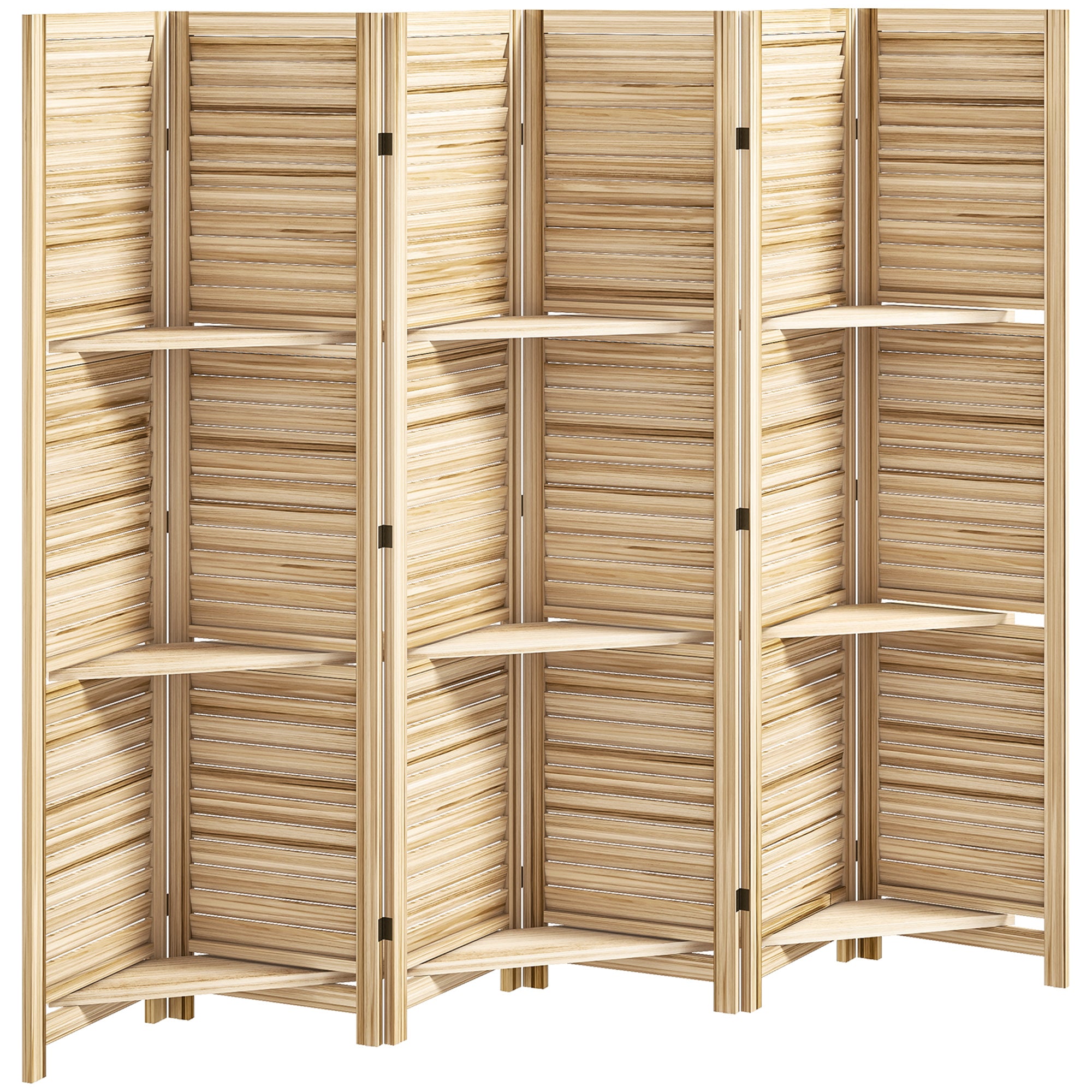 Paravent intérieur en bois 6 panneaux 240 x 170 cm, séparateur de pièce pliable avec 3 étagères, cloison de séparation pour salon, chambre à coucher, maison, bois naturel avec finition brûlée