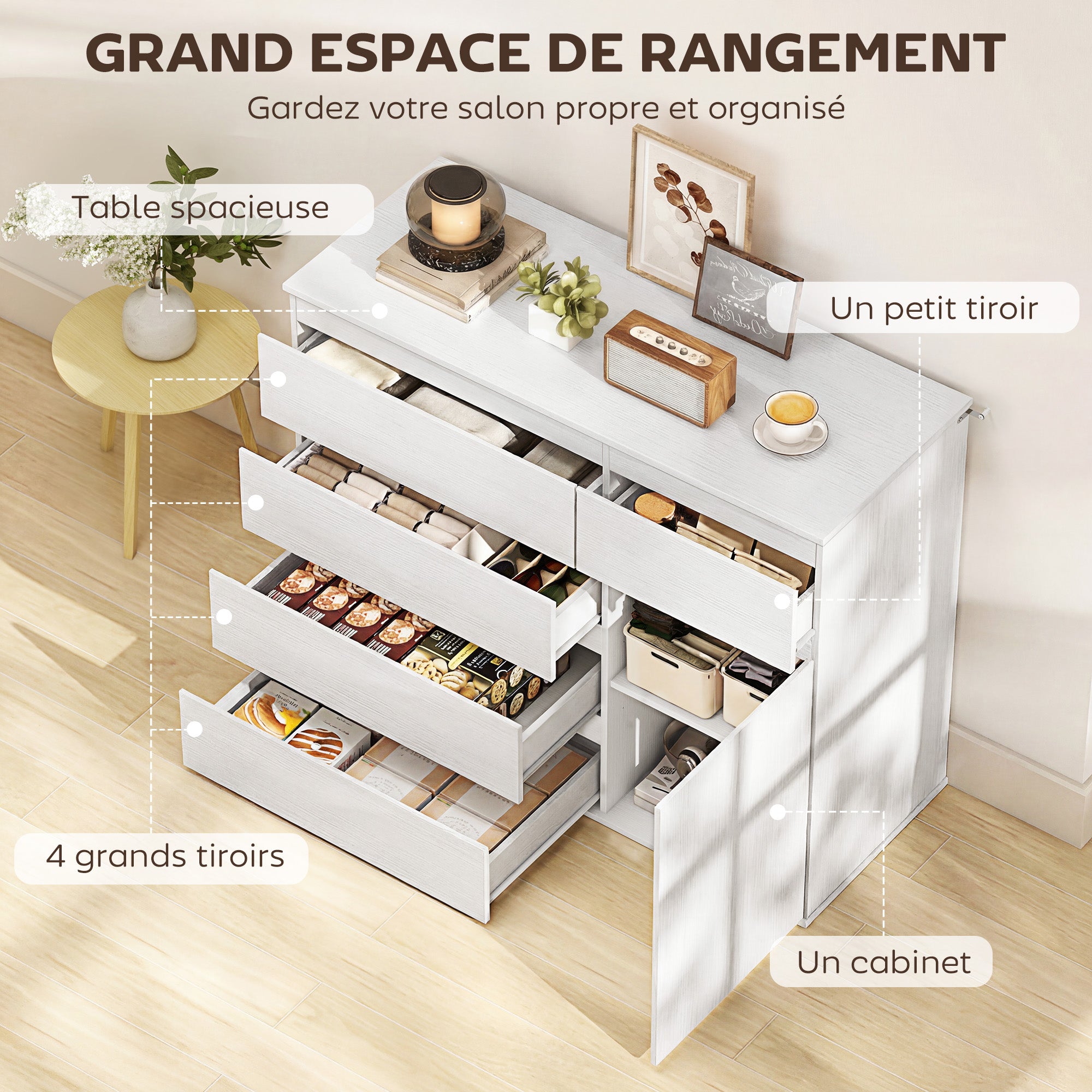 Buffet salon, meuble de rangement avec 5 tiroirs, étagère réglable et porte à fermeture douce, style moderne, buffet salle à manger et cuisine, 100 x 40 x 80 cm, blanc