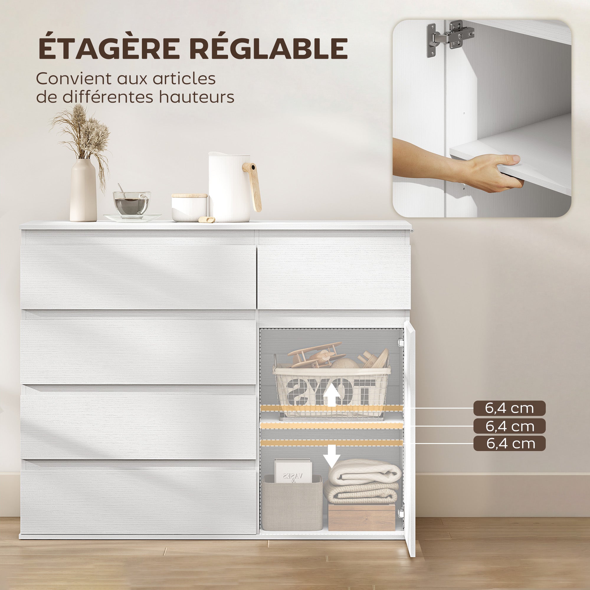 Buffet salon, meuble de rangement avec 5 tiroirs, étagère réglable et porte à fermeture douce, style moderne, buffet salle à manger et cuisine, 100 x 40 x 80 cm, blanc