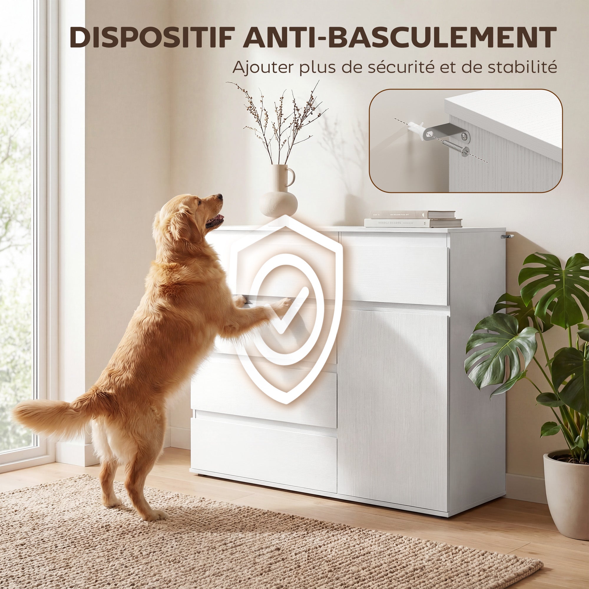 Buffet salon, meuble de rangement avec 5 tiroirs, étagère réglable et porte à fermeture douce, style moderne, buffet salle à manger et cuisine, 100 x 40 x 80 cm, blanc