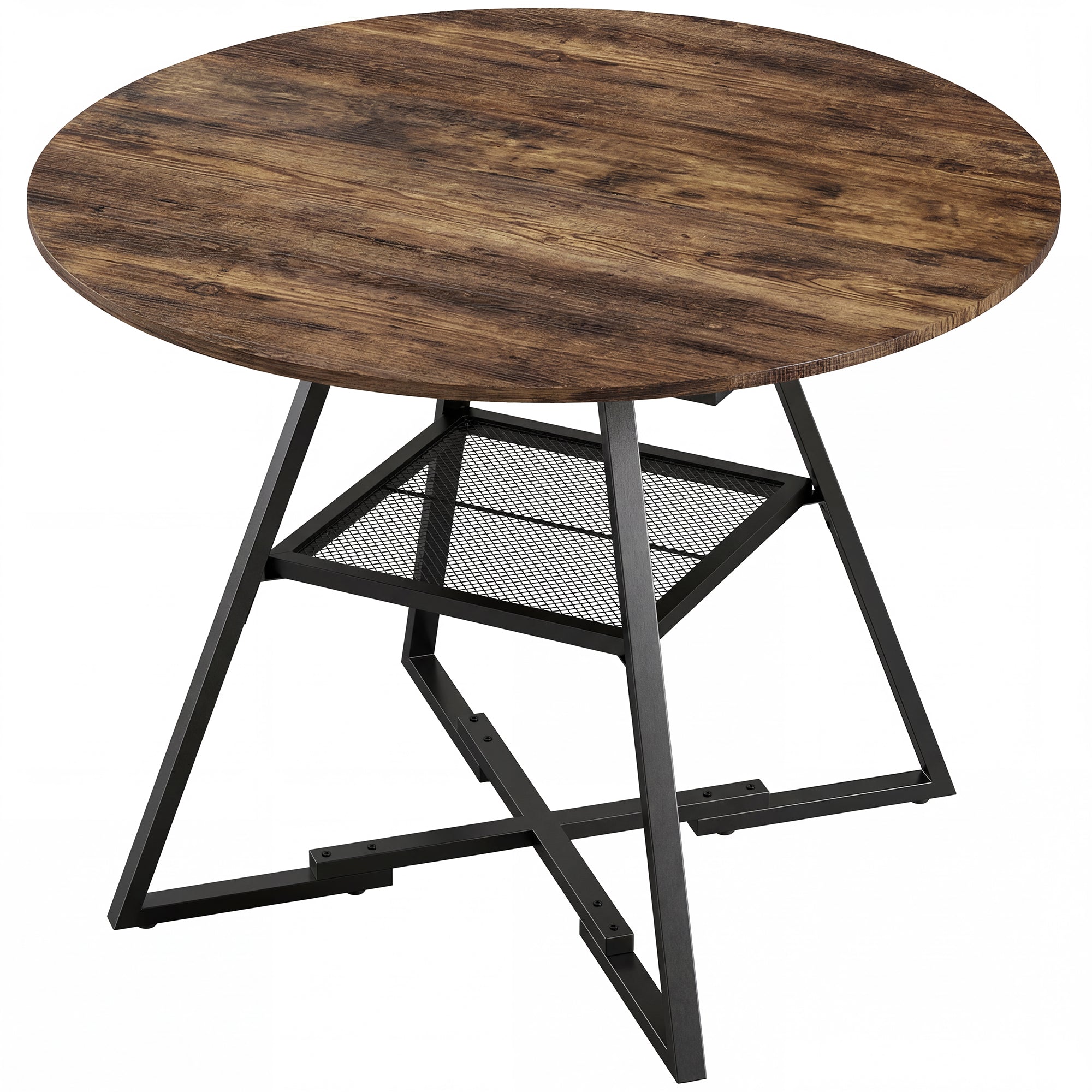 Table à manger ronde pour 4 personnes, Ø 100 x 76 cm, table de cuisine industrielle avec large plateau et étagère de rangement, cadre en métal, brun rustique